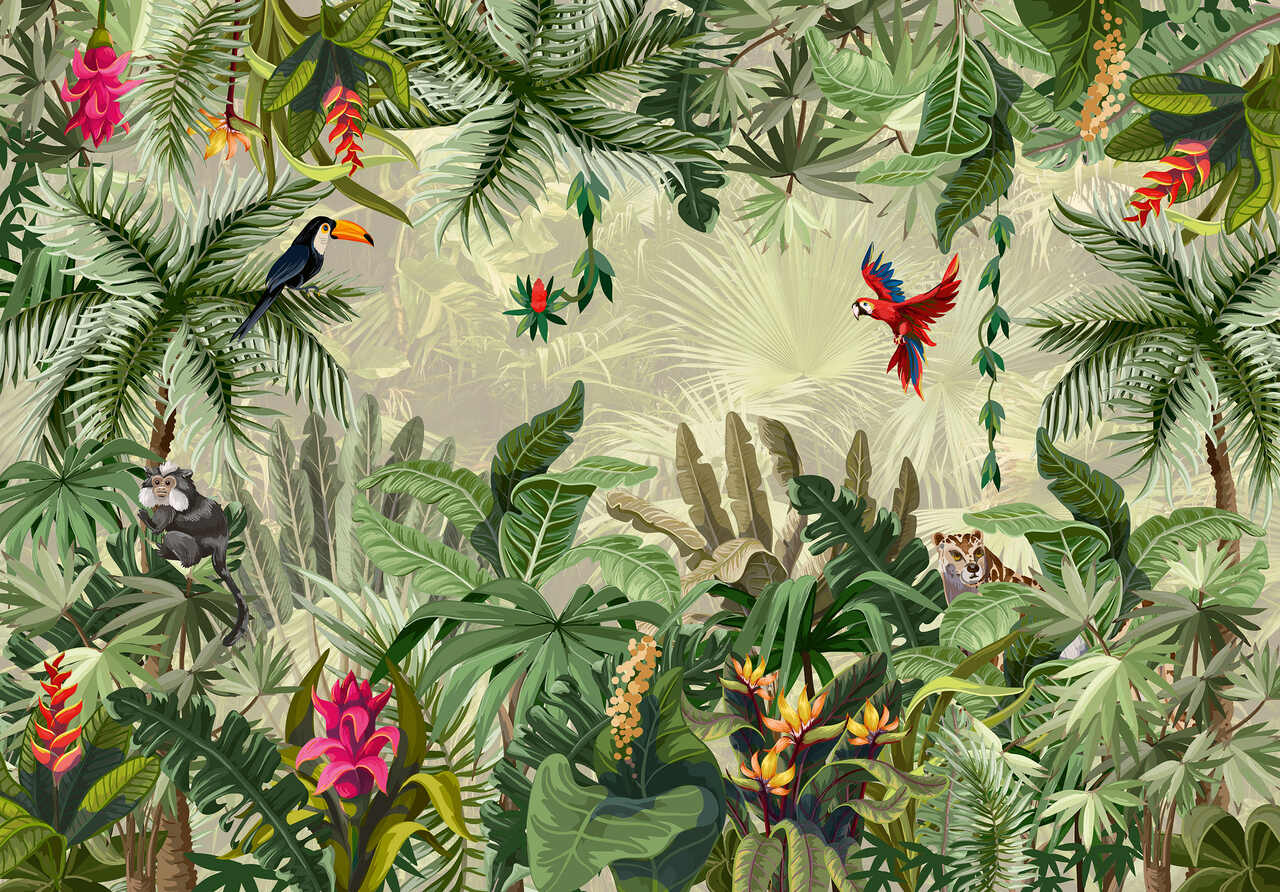 Papel pintado lavable fotografia selva hojas pájaros 312x219 cm - incluye cola - moderno salon dormitorio