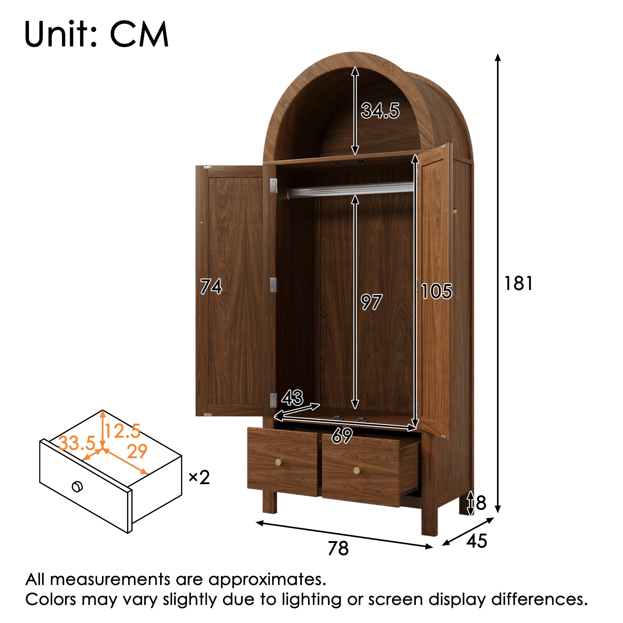 Armoire penderie avec Cannage en Rotin, 2 portes 2 tiroirs, étagère ouverte semi-ronde, fermeture magnétique, tringle vêtements, 181x78x45 cm, noyer - 5