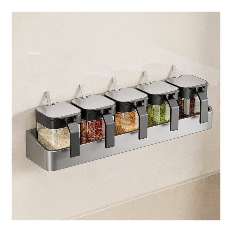 Pojemnik na przyprawy, ścienny do kuchni, stojak na przyprawy, 39*8,7*5 cm + słoiki*5, ciemnoszary