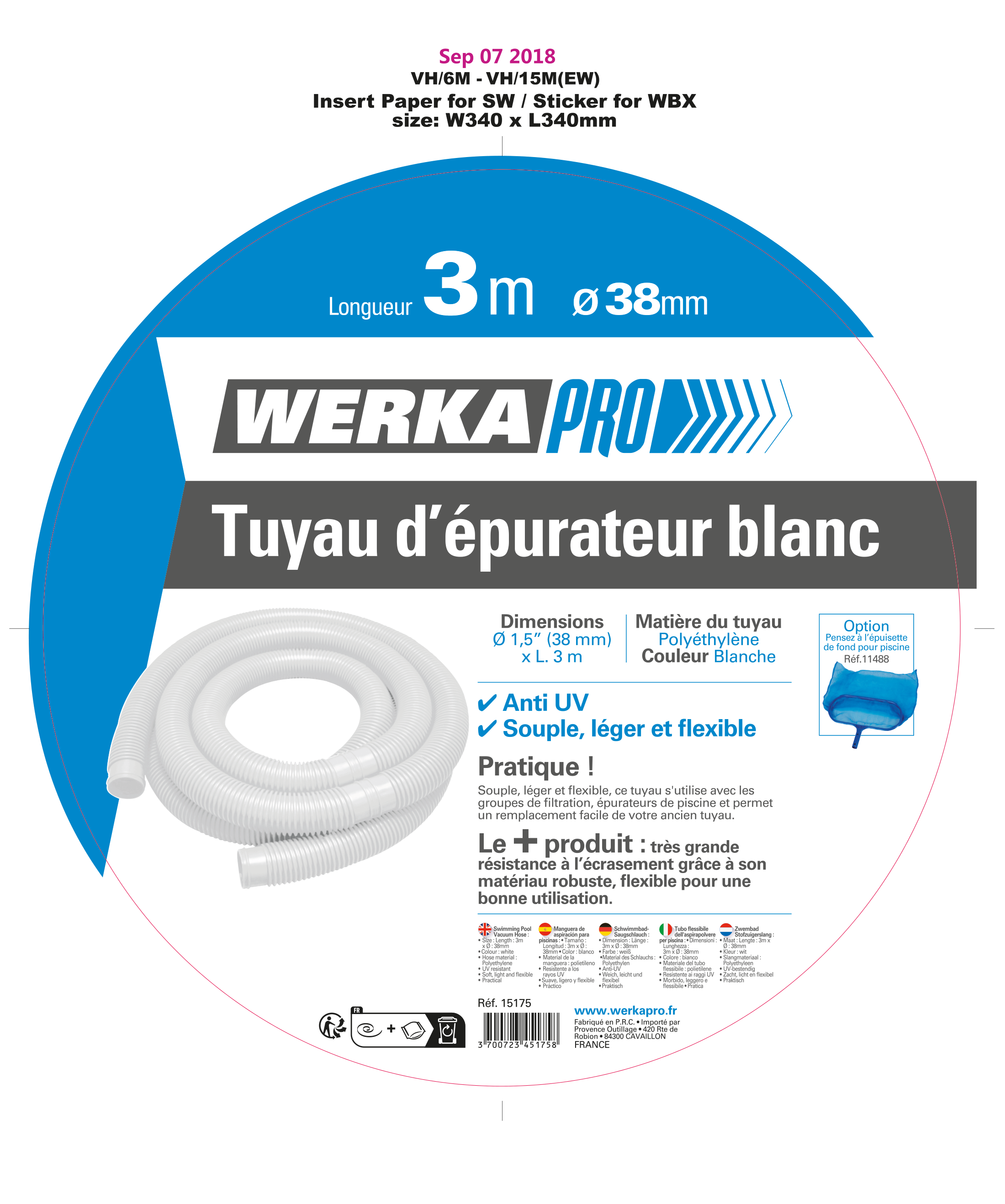 Tuyau d'épurateur de rechange 3m blanc WERKA PRO Ø 38mm - 6