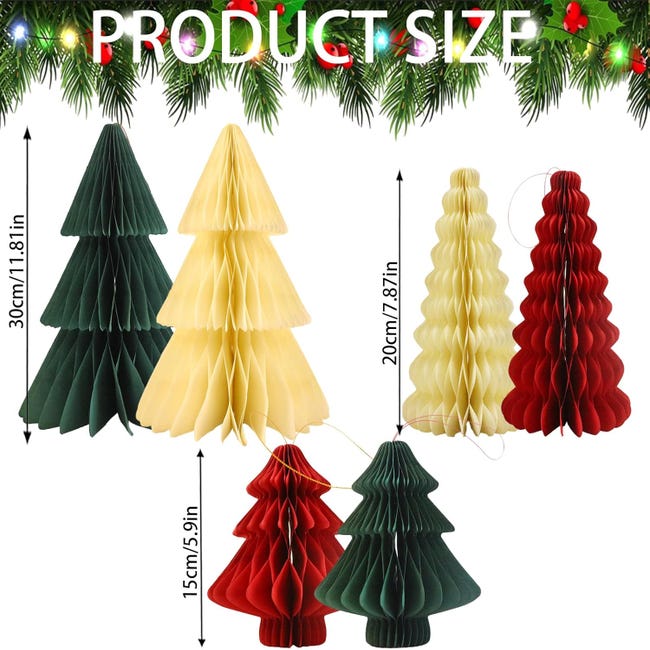 6 Sapins De Noël En Papier Plié Nid D'Abeille - Déco Table Ou Suspension, 3 Tailles Et Couleurs Festives