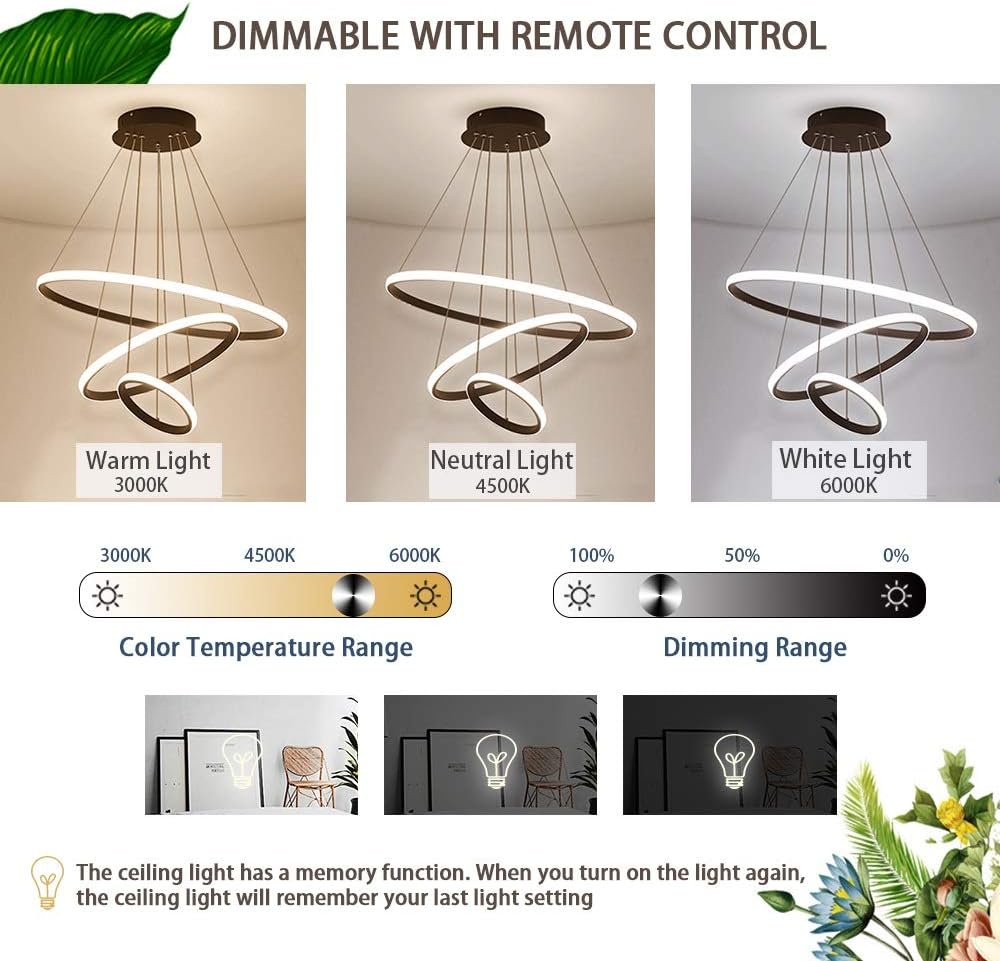 GOECO Lustre Dimmable 40W Moderne Cercle Anneaux Suspension Dimmable 3000K-6000K Pour salon chambre à coucher salle à manger bureau Noir - 2