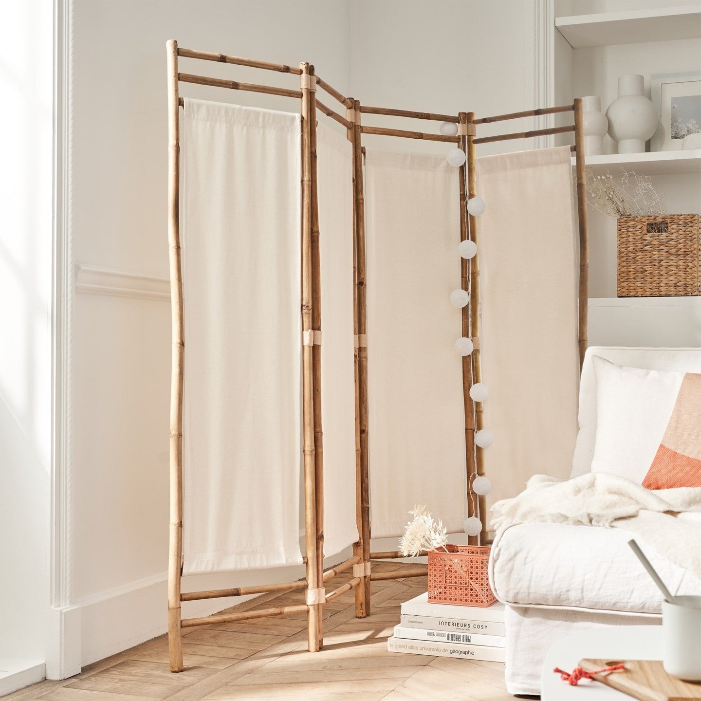 Paravent d'intérieur 4 panneaux en tissu blanc et bambou 160 x 160 cm - 2