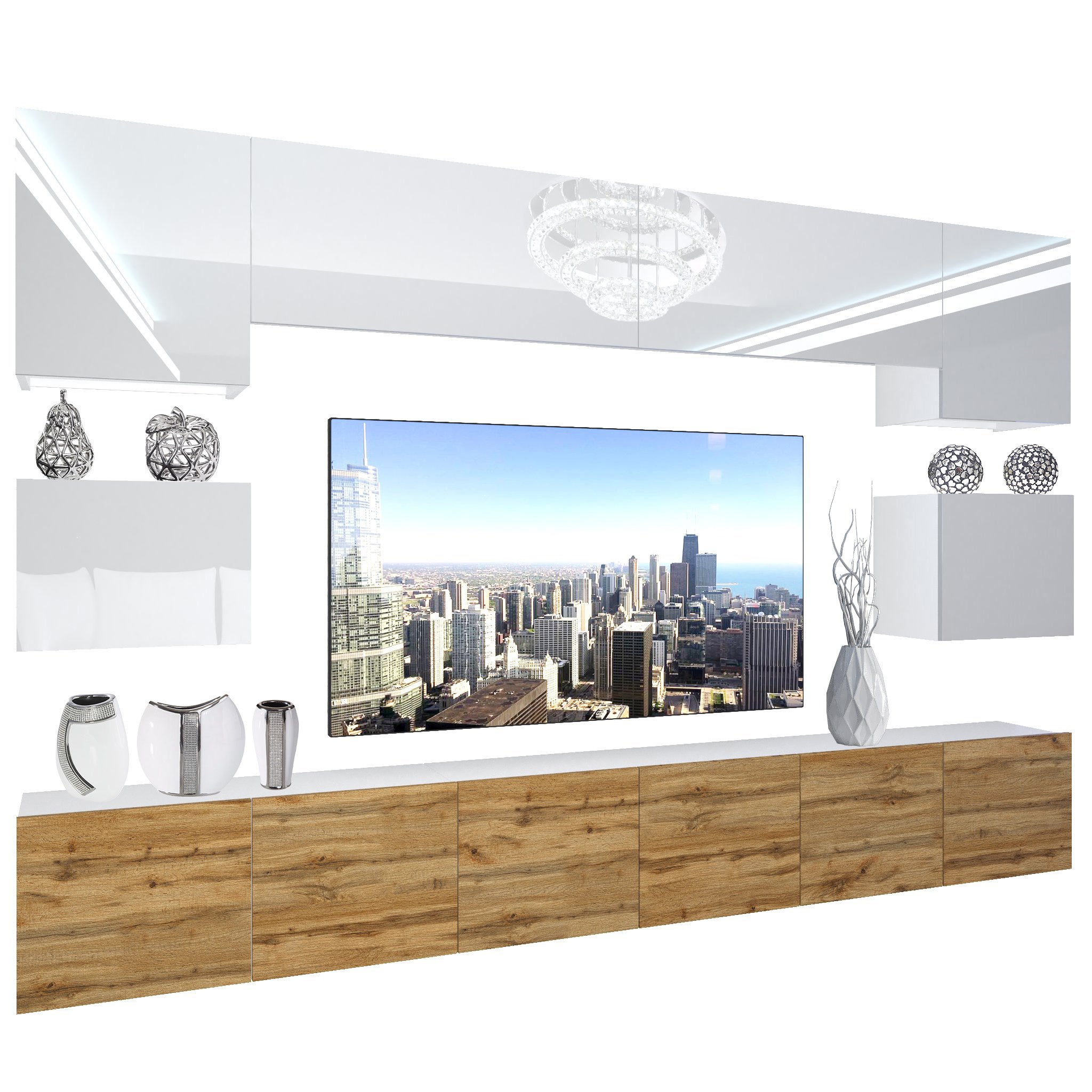 Meuble TV Mural NEX I Avec éclairage LED – Ensemble Salon Design Blanc Brillant, 200 X 180 X 36 Cm