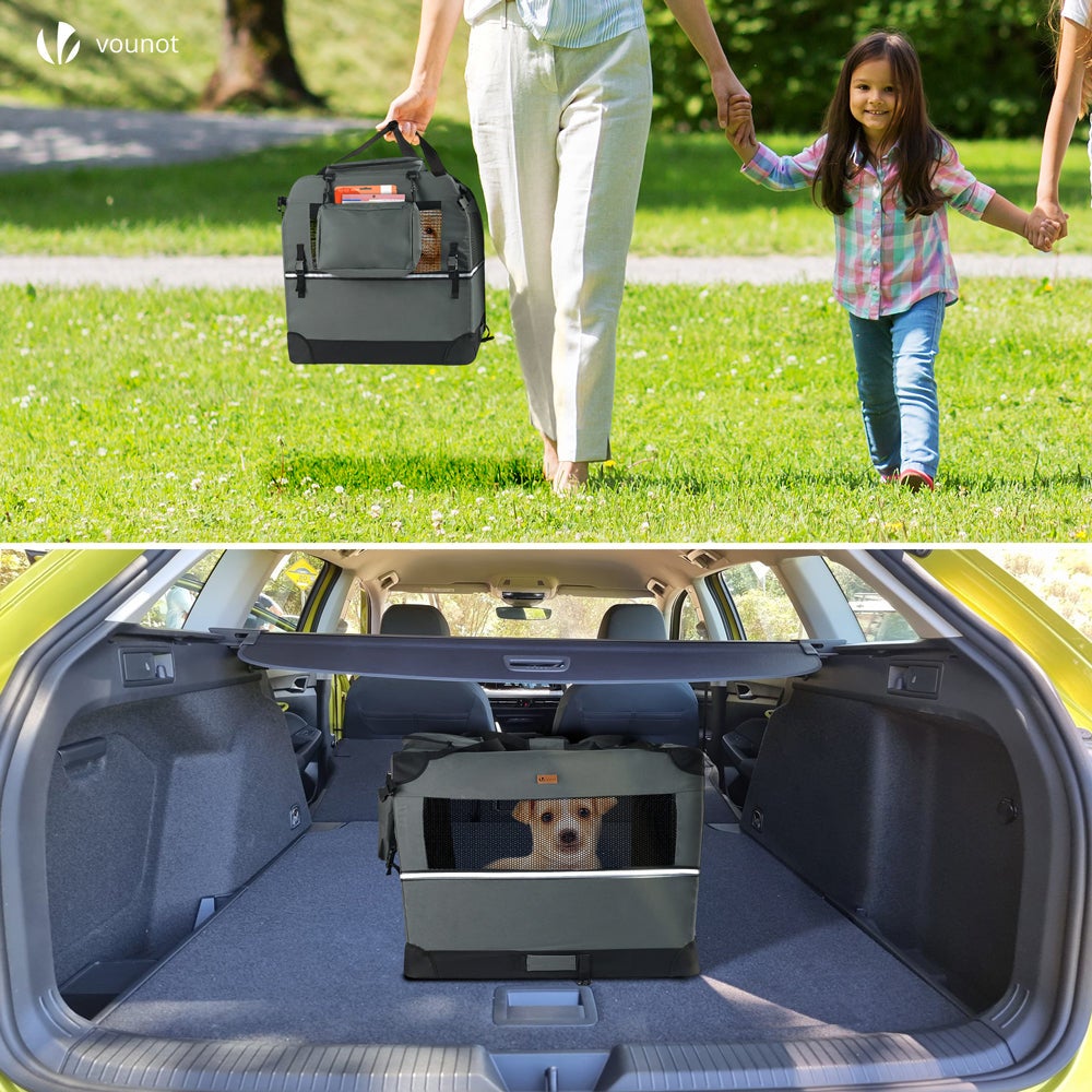 VOUNOT® Sac de transport pliable pour chien et chat - Caisse portable respirant avec matelas amovible en peluche - 50x35x36cm gris - 4