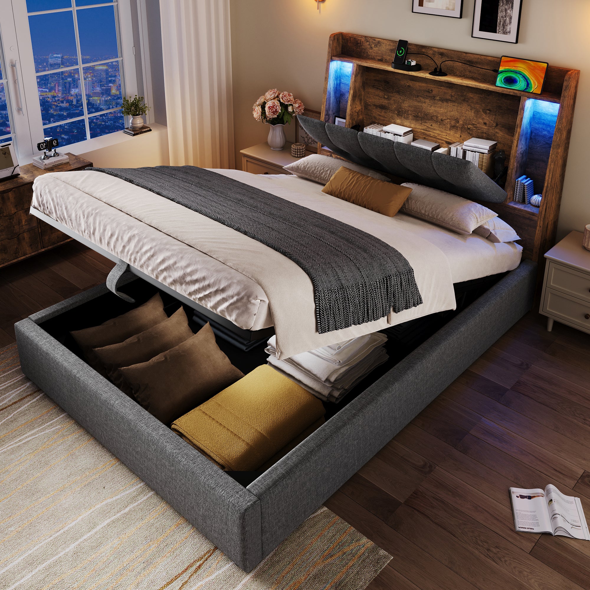 Bett Polsterowane 90x200 cm z USB Typ-C, bez materaca, Flip-Top, LED, Linen, Szary