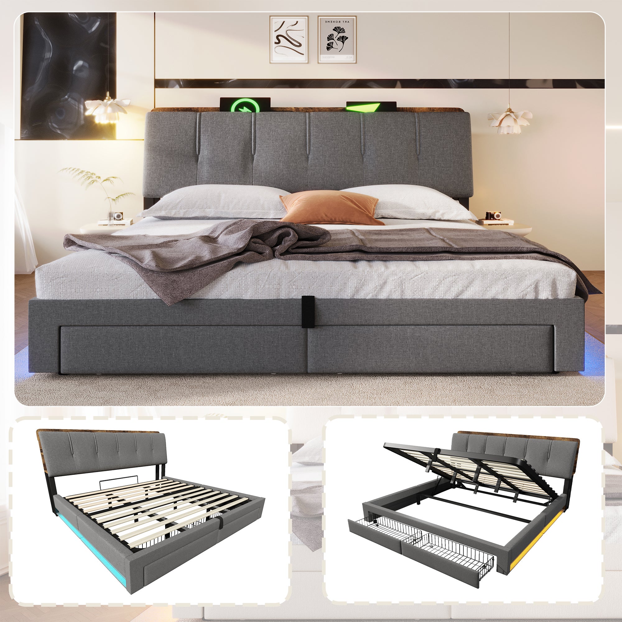 Łóżko z pojemnikiem 180 x 200 cm, 2 szufladami i portami USB/Type-C – tkanina lniana – diody LED – szare (materac nie jest dołączony)