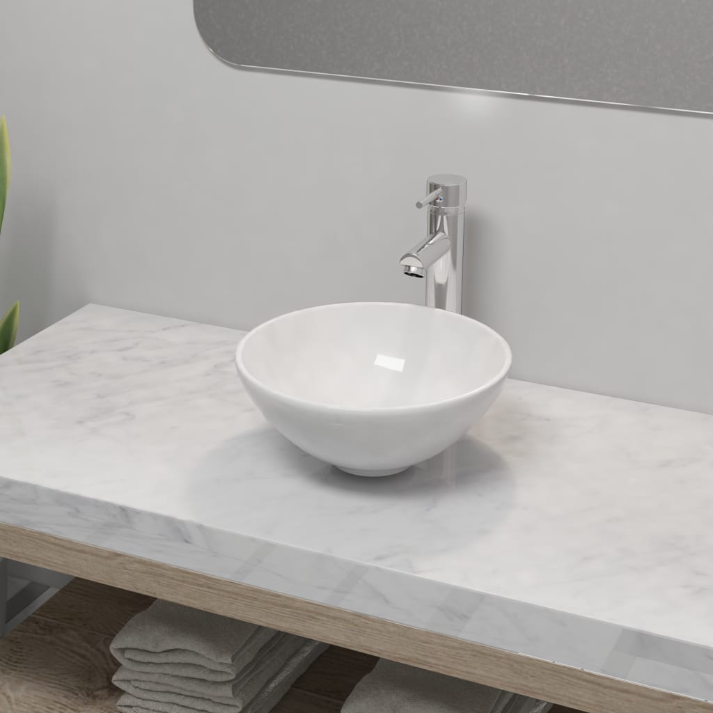 Umywalka z baterią mieszającą, ceramiczna, okrągła, biała vidaXL