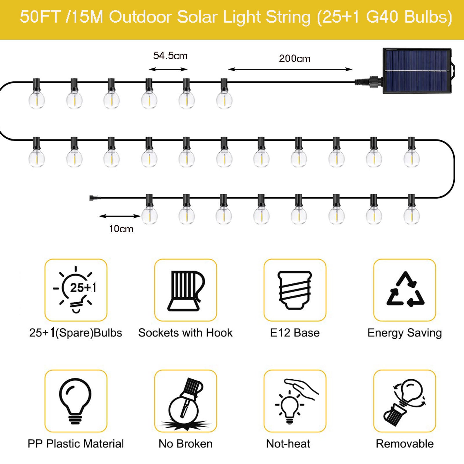Guirnalda de luces solares para exterior de 15 m,25 bombillas G40 y 1 bombilla G40,IP44 resistente al agua,con mando a distancia, 8 modos - 4