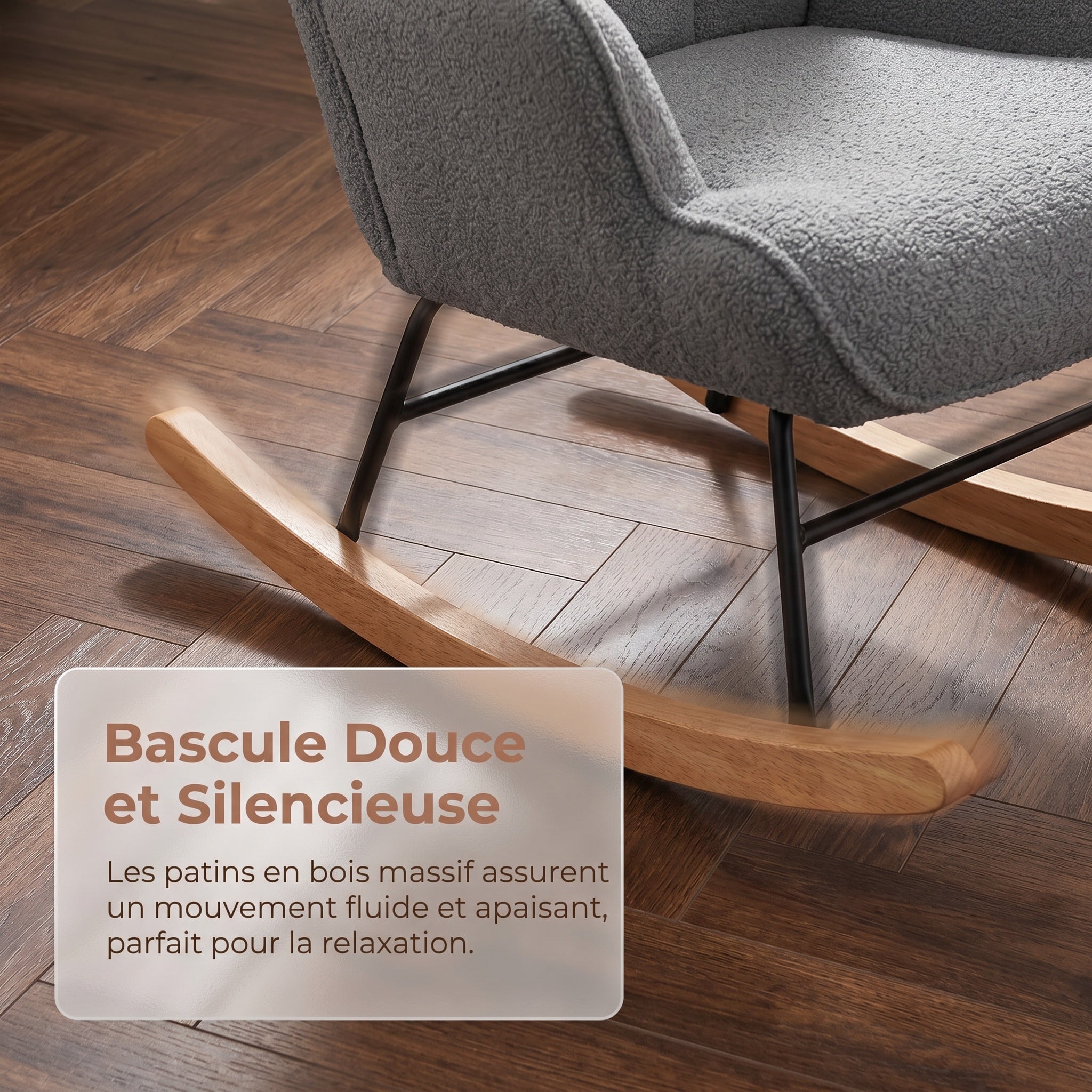Fauteuil à Bascule, Rocking Chair d'Allaitement - Structure en métal et pieds bois massif, Maximale : 150 kg, Tissu Peluche Teddy, Gris, 75x68x92 cm - 6