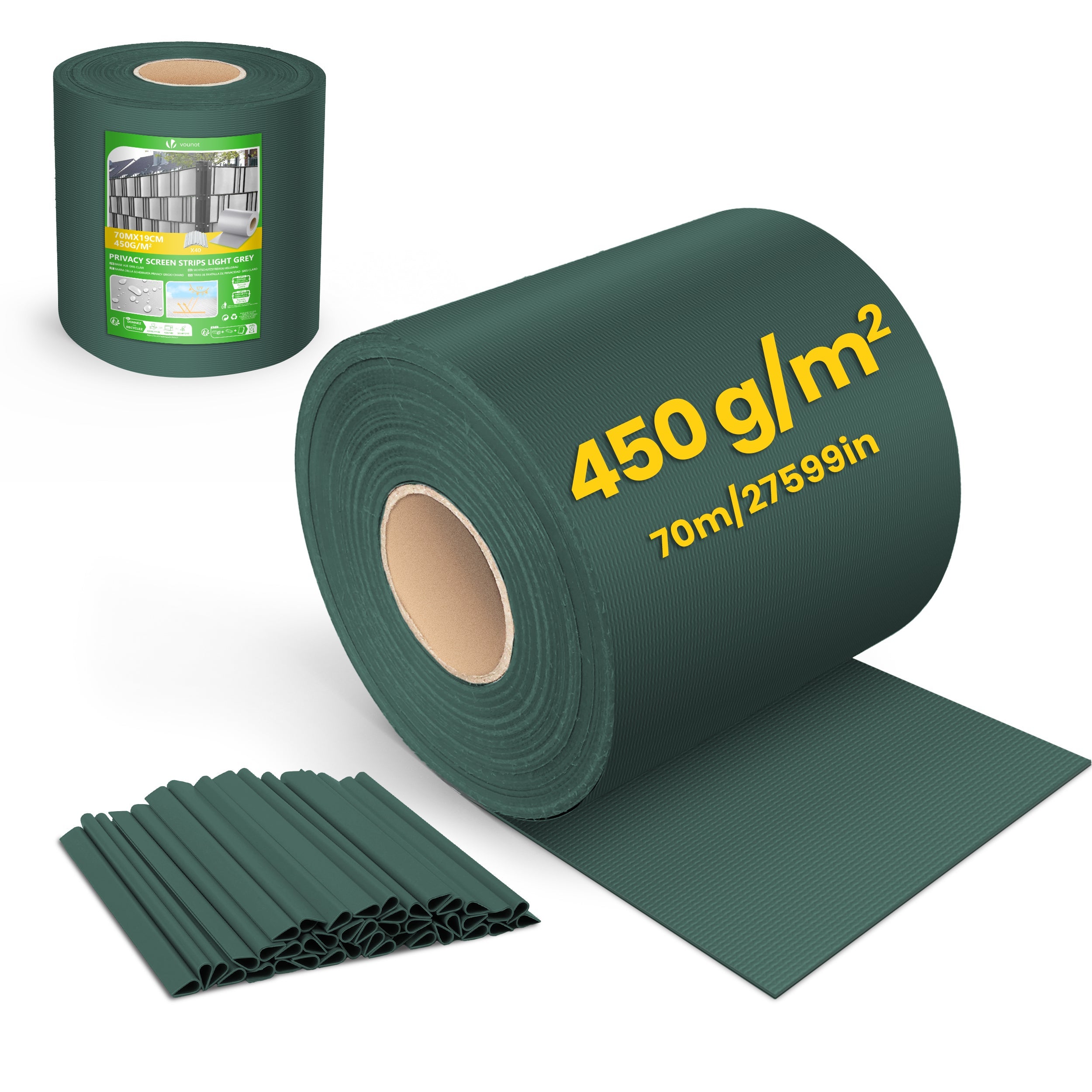VOUNOT® Privacyscherm, pvc-hek, 450 g/m², inkijkbescherming voor tuin, verduisteringsfolie, 19 cm x 140 m, met 80 bevestigingsclips voor gaaspanelen, stijve hekken, groen VOUNOT® Privacyscherm, pvc-hek, 450 g/m², inkijkbescherming voor tuin, verduisteringsfolie, 19 cm x 140 m, met 80 bevestigingsclips voor gaaspanelen, stijve hekken, groen