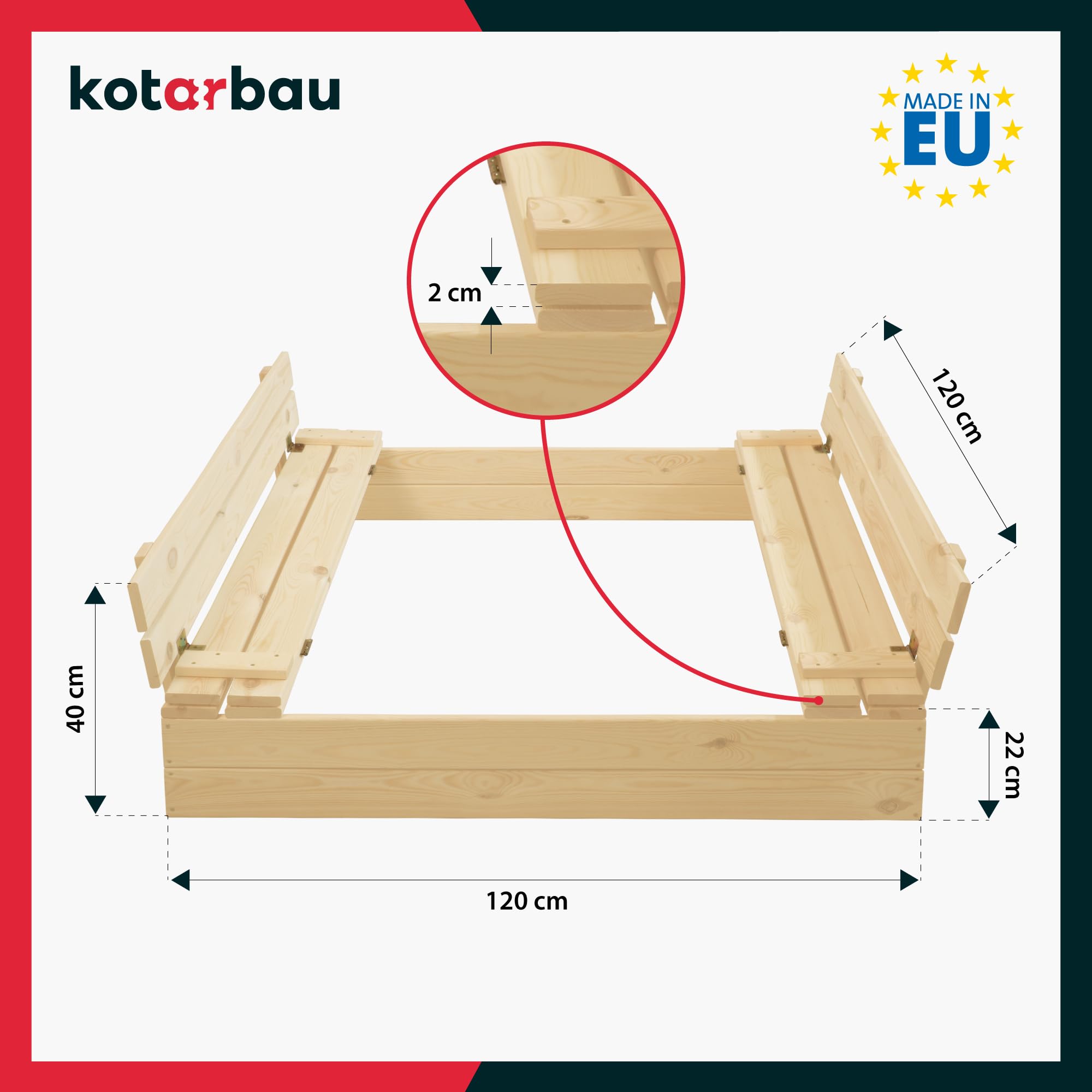 Bac à Sable Enfant Extérieur - Bois - 120 x 120 cm - Naturel - avec Couvercle et Bancs - Avec Tissu Anti-Mauvaises Herbes - KOTARBAU - 3