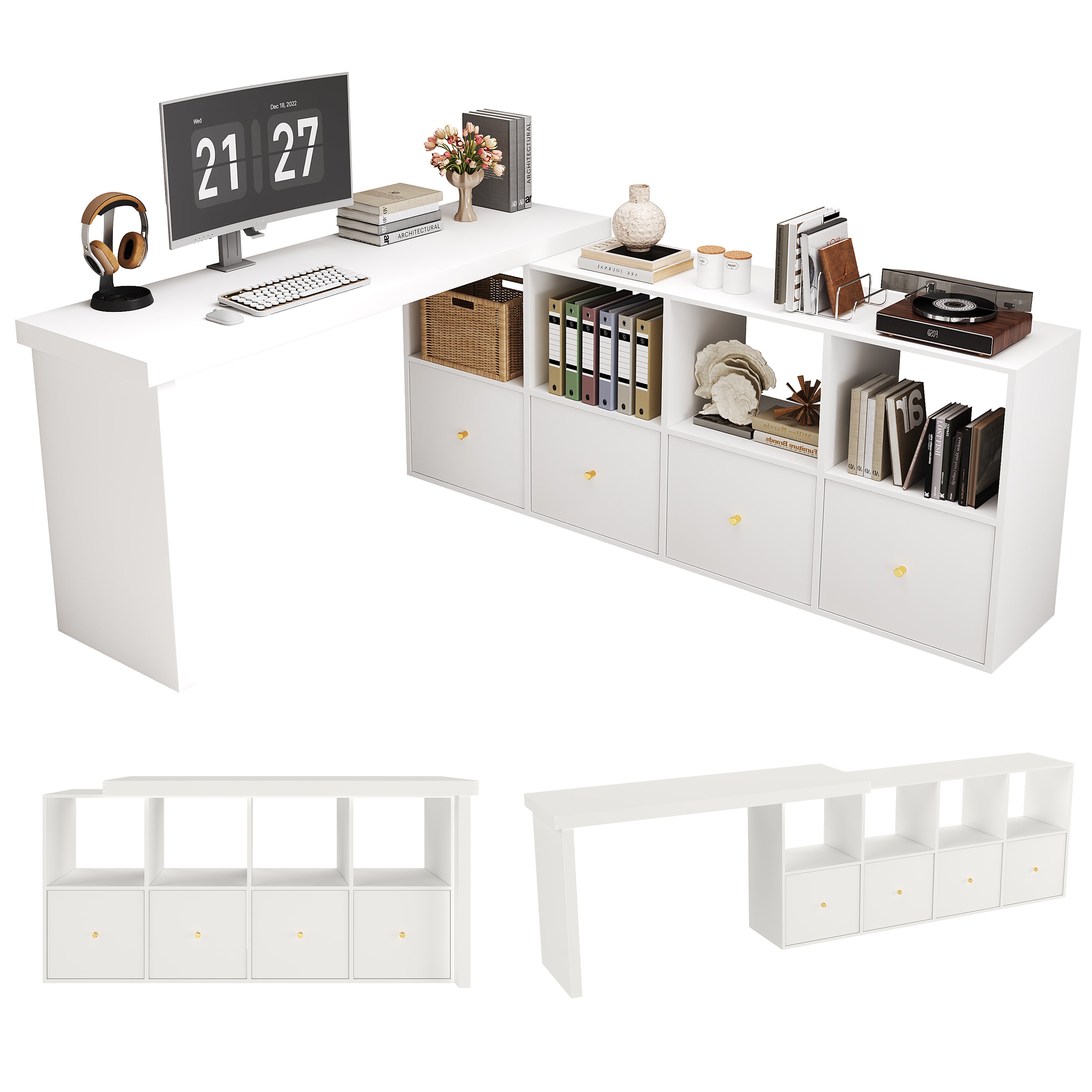 Bureau d'Angle Pivotant 360° Modulable L ou Droit, Table 120cm avec 4 Tiroirs & 4 Niches, Structure Renforcée 4cm, Flexible & Design - Blanc - 5