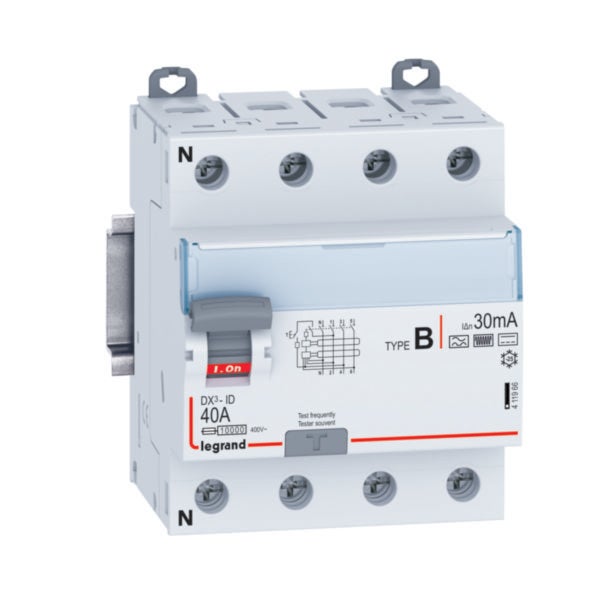 Interrupteur différentiel DX_-ID arrivée haute / départ bas par bornes à vis - 4P 400V~ 40A type B 30mA - 4 modules - 2