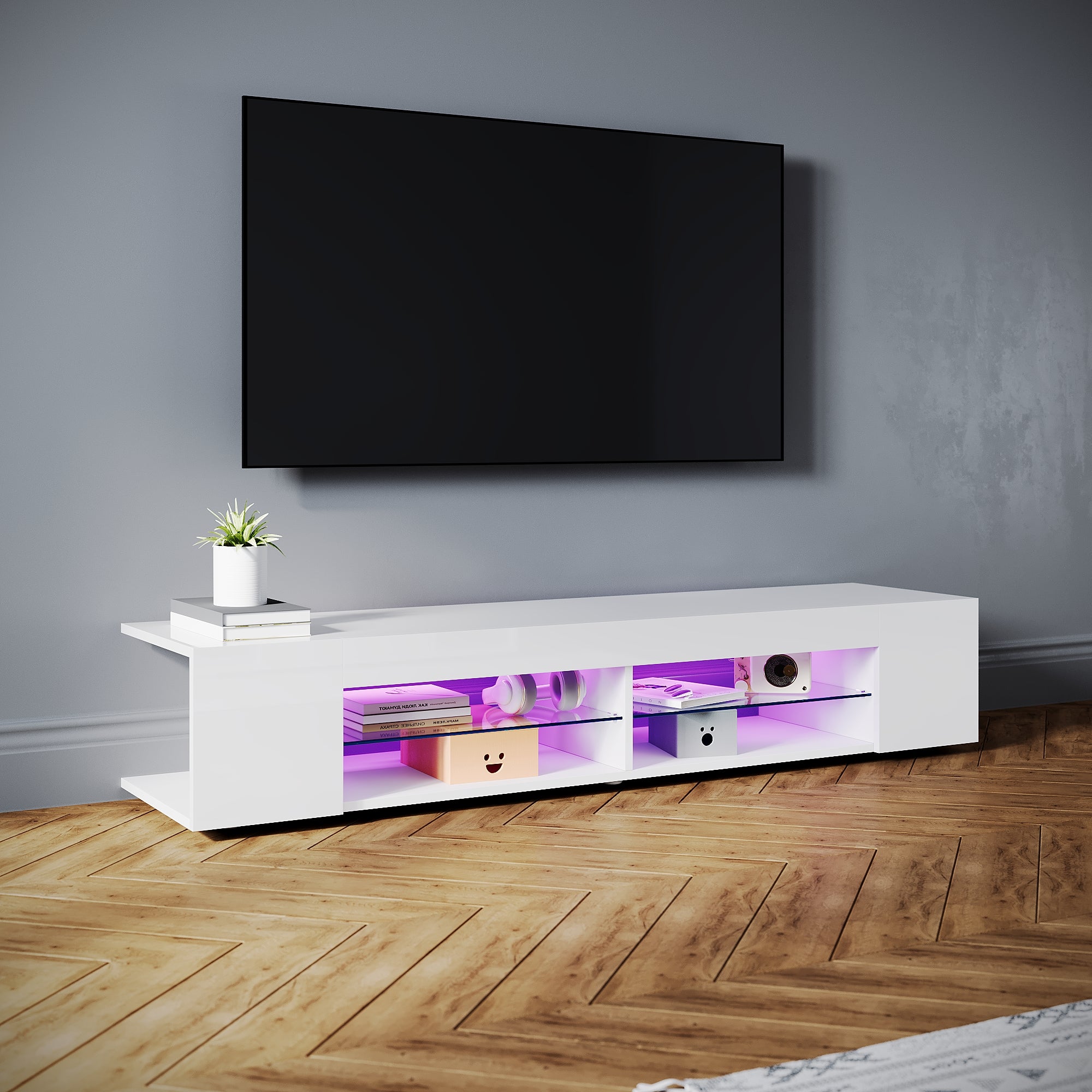 SIRHONA Meuble TV LED Moderne Demi-ouvert Placer Space + Verre Stratifiée + Blanc + 160cm - 2