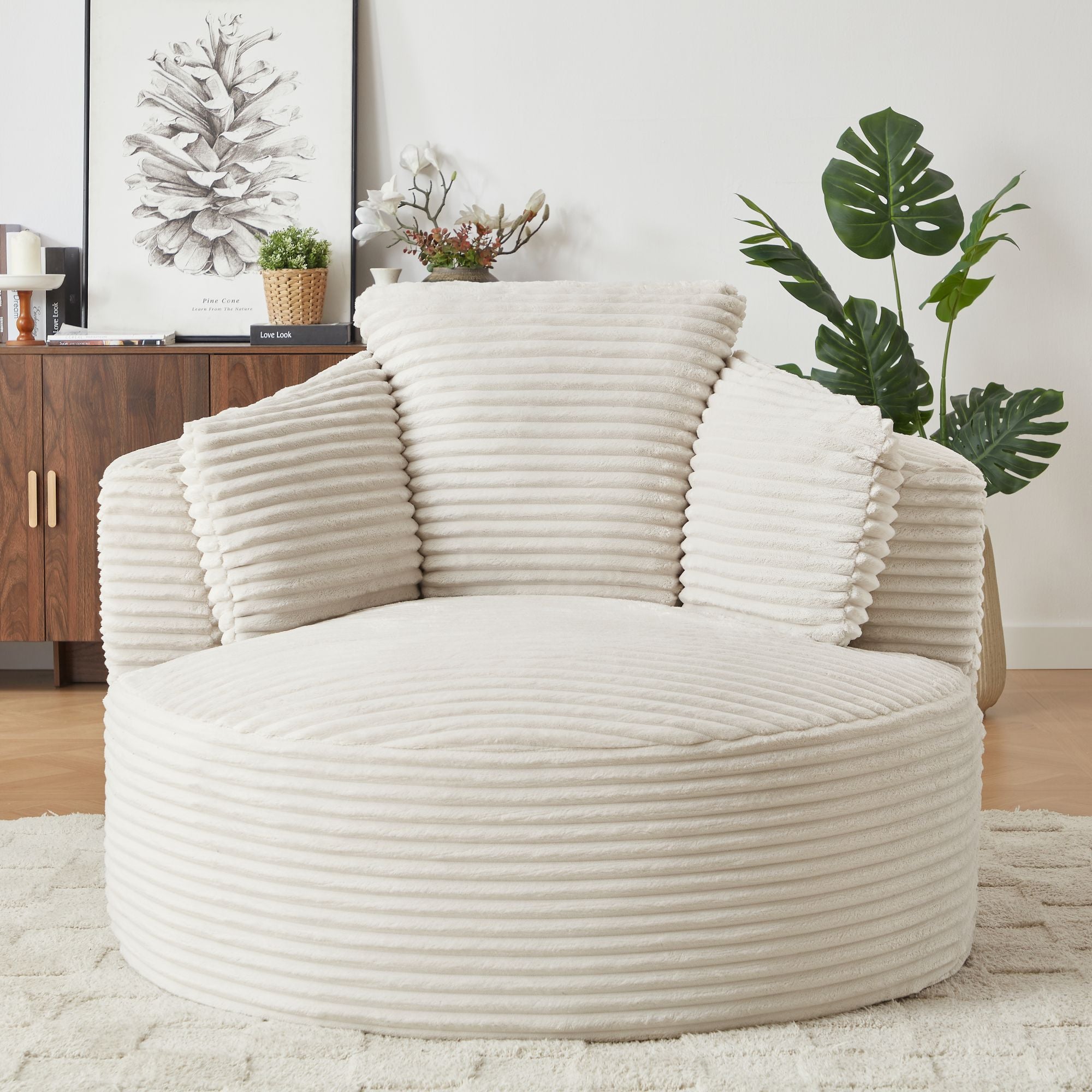 Canapé Velours Côtelé Beige 124x113x86 cm, Chaise lounge confortable Rond Compressible, Fauteuil Lounge Dossier Rembourré, Canapé d'Angle Moderne - 3