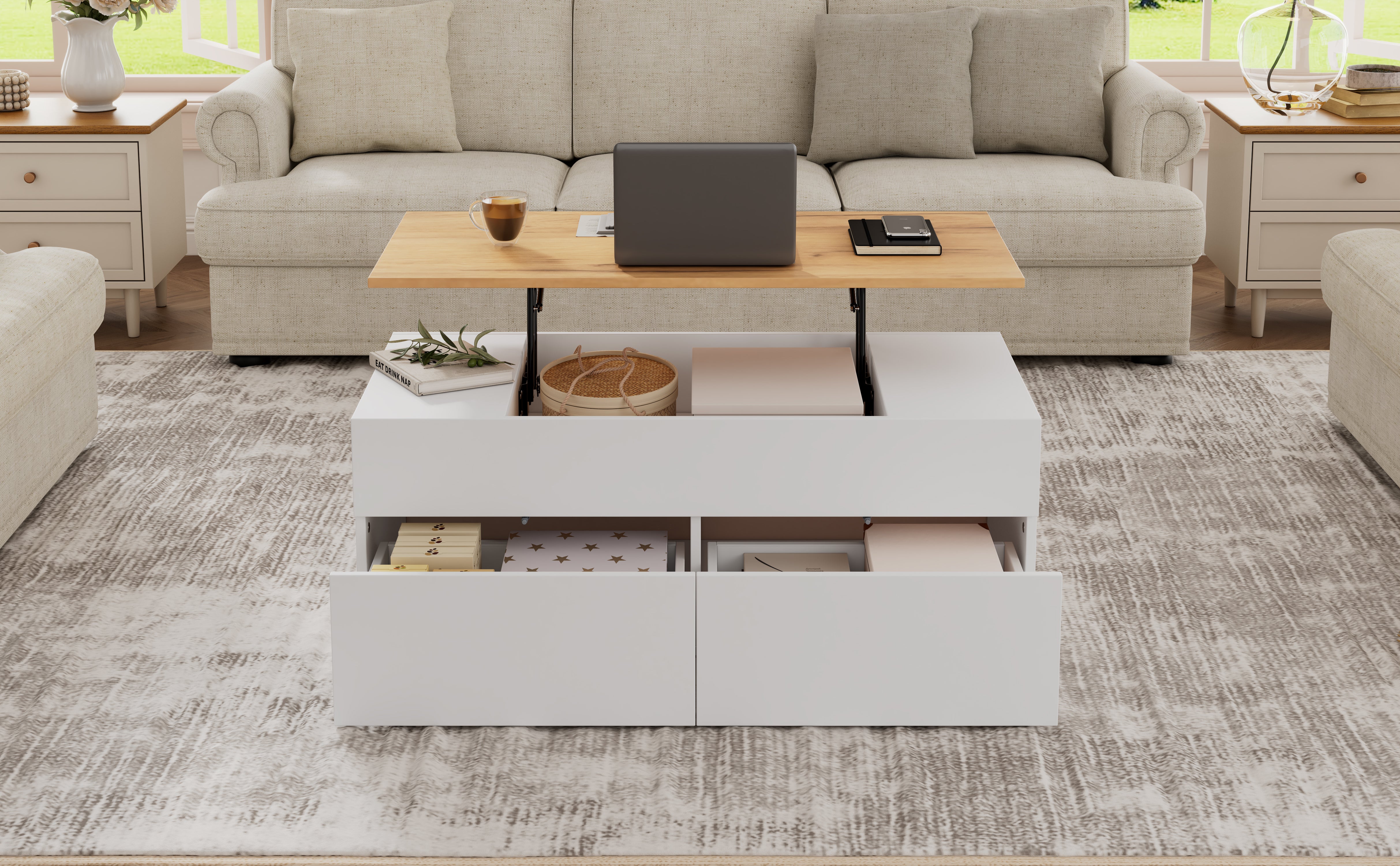 Table basse avec plateau relevable et 2 tiroirs - 100 x 50 x 40 cm - Panneau de particules - Blanc + bois - 7