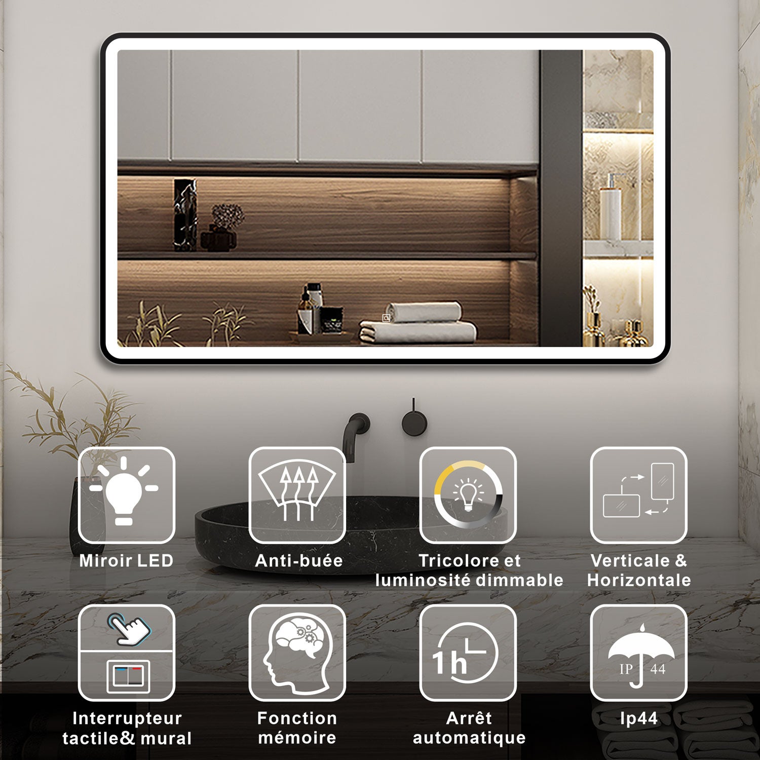 AICA Miroir lumineux 100 x 60cm avec 3 couleurs + dimmable + anti-buée + mémoire, miroir salle de bain led - 2
