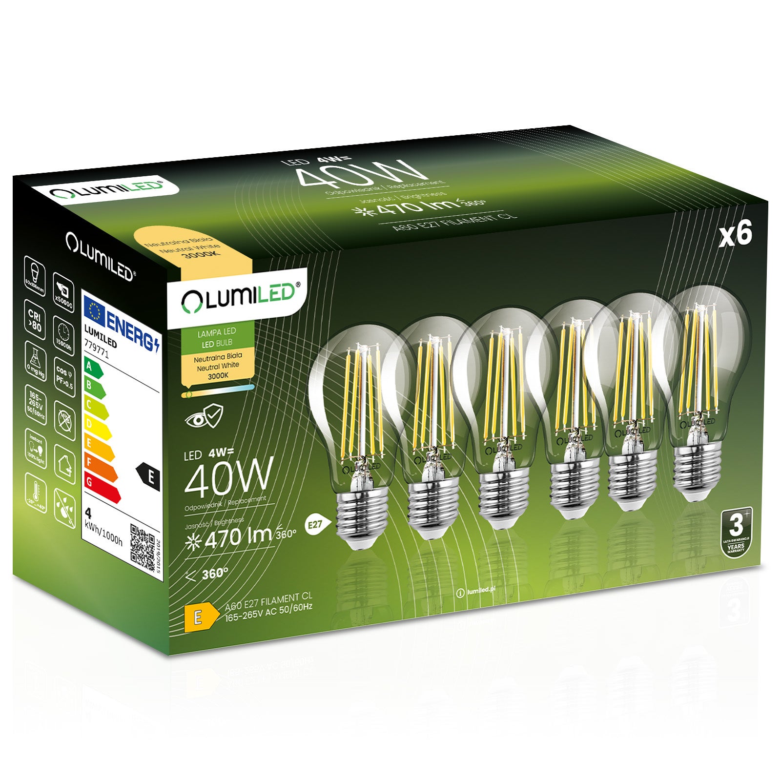 Żarówka LED Lumiled E27 A60 4W 470lm 3000K Ciepła biel 360st Filament 6 szt.
