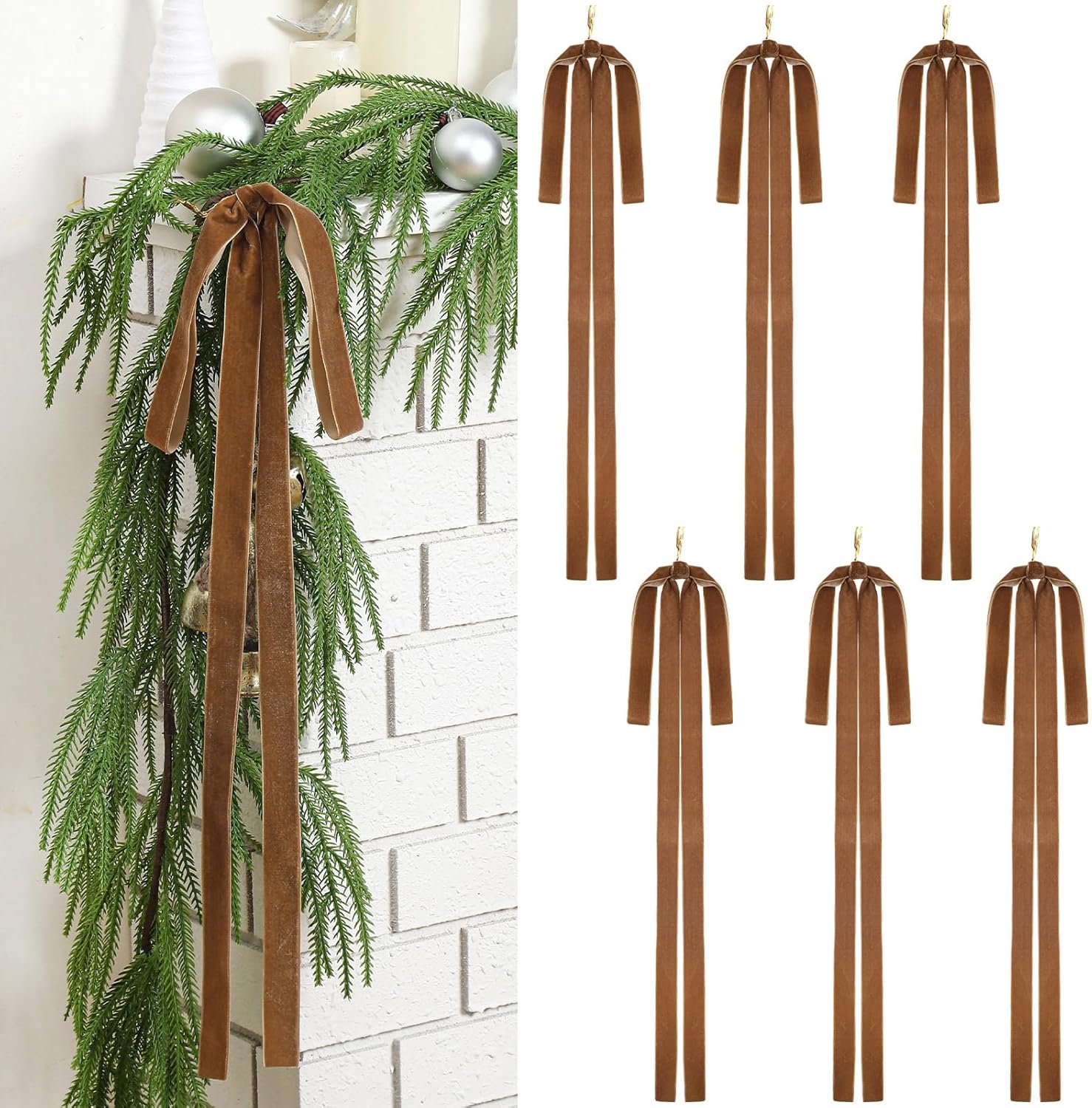 24 Noeuds De Noël En Velours Pré-Noués - 18x13 Cm - Décoration Sapin, Couronne, Cheminée (Marron)