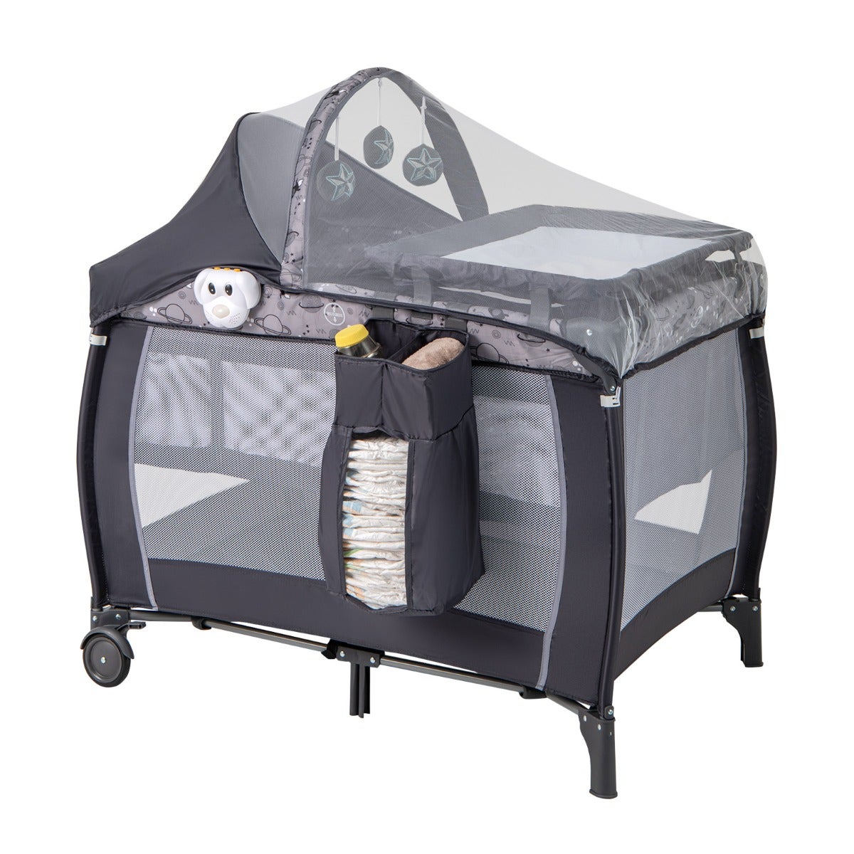 Cuna de viaje multifunción 3 en 1 plegable con cambiador musical dosel colchón y bolsa 15kg gris