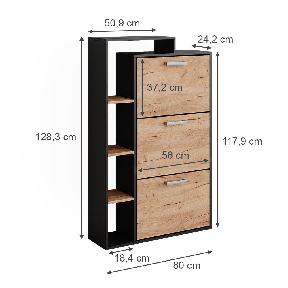 Vicco Meuble à chaussure Orlando, Chêne doré/anthracite, 80x128.3cm avec 3 compartiments - 3