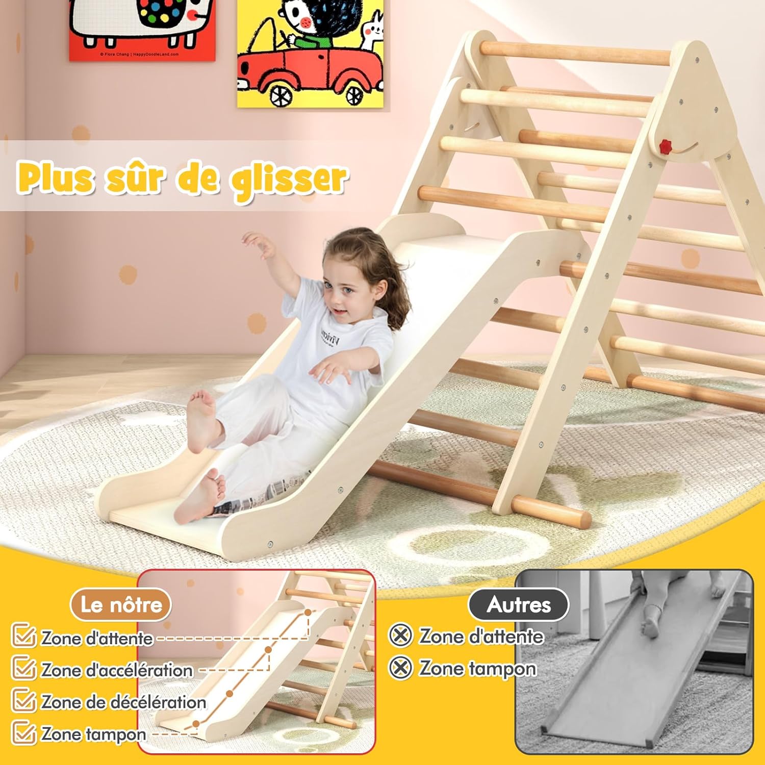 Triangle d'escalade Montessori pour Enfants avec Toboggan,Parcours Escalade Bois Pliable avec Rampe,Charge 50 KG (Naturel,Pliable) - 5