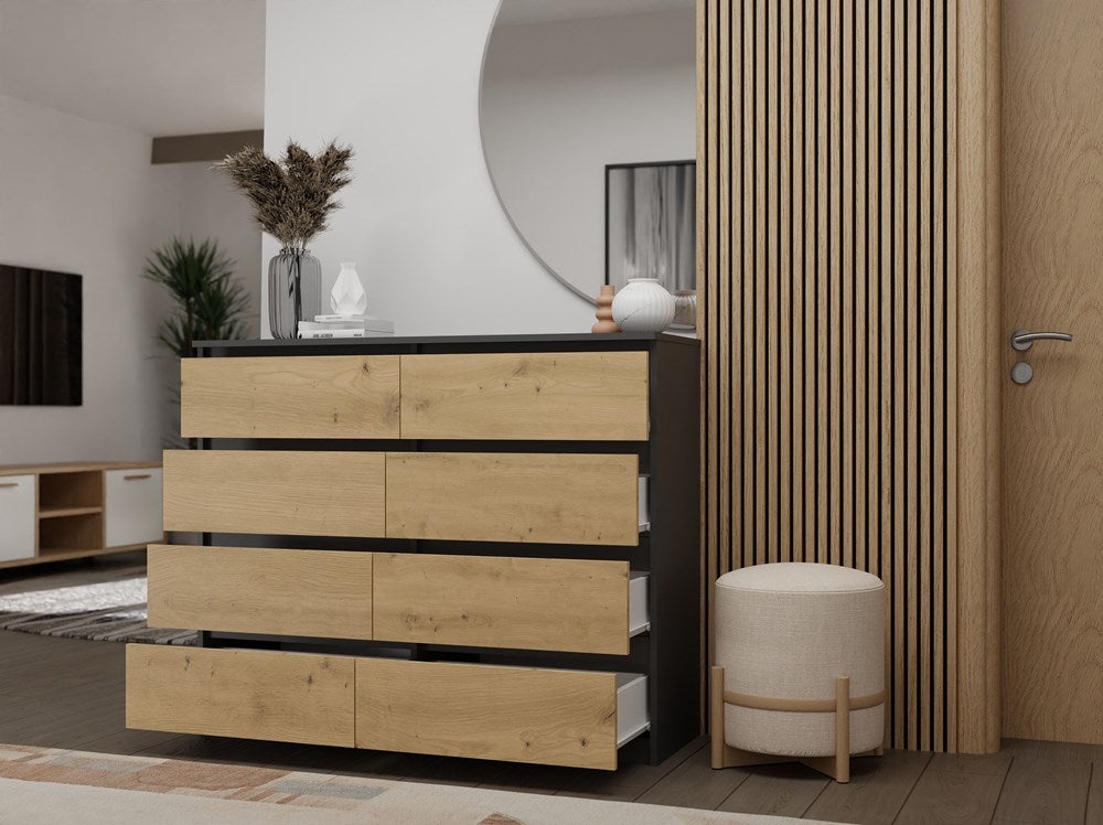 MILAN - Commode de chambre 8 tiroirs - 40x120x97cm - Style moderne - Meuble de rangement - Gris&Chêne - 8