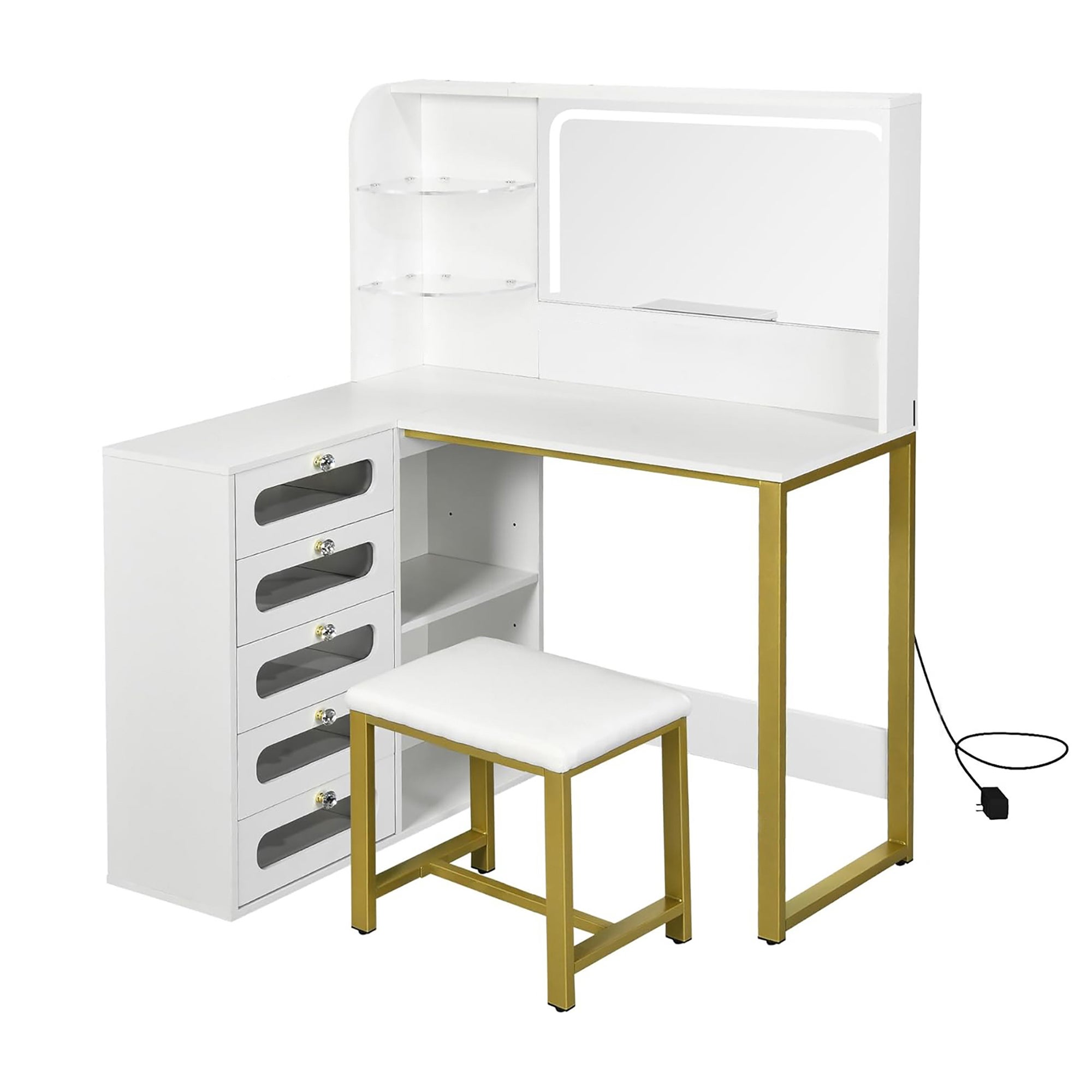 Coiffeuse d'angle en forme de L - 1 tabouret rembourré - Miroir LED 3 couleurs - 5 tiroirs et 4 compartiments - Structure en métal renforcé - Blanc - 9
