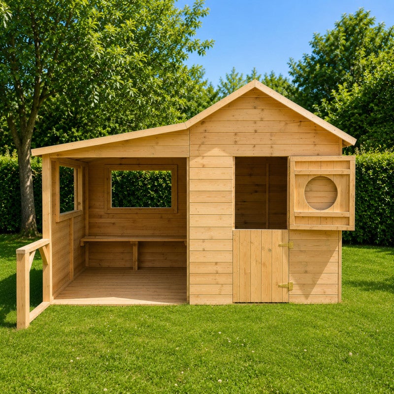 Cabane en bois traité avec préau et banc HACIENDA - 2