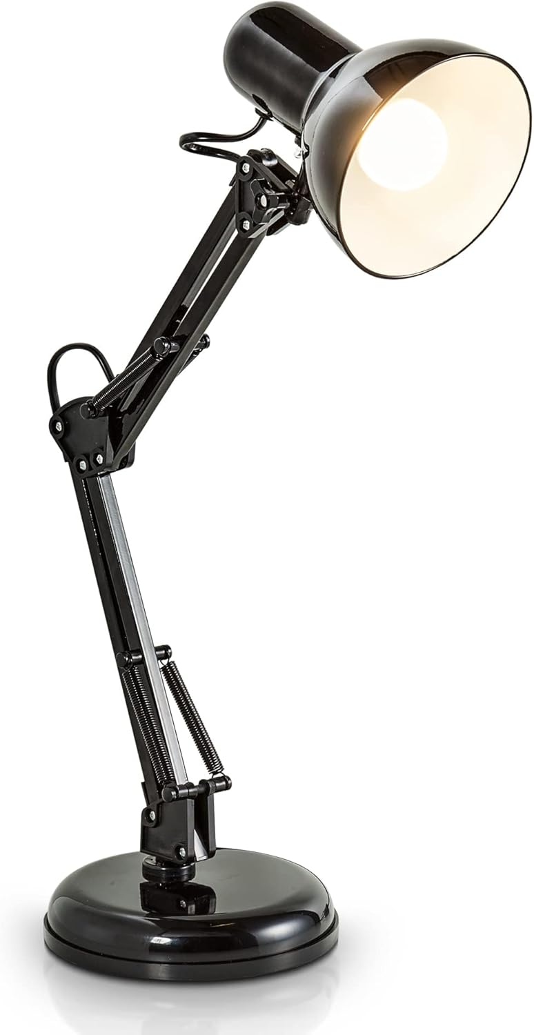 Lampa biurkowa w stylu architektonicznym, halogenowa LED flexo, z obrotowym ramieniem przegubowym, design retro vintage, czarna, bez iluminatora