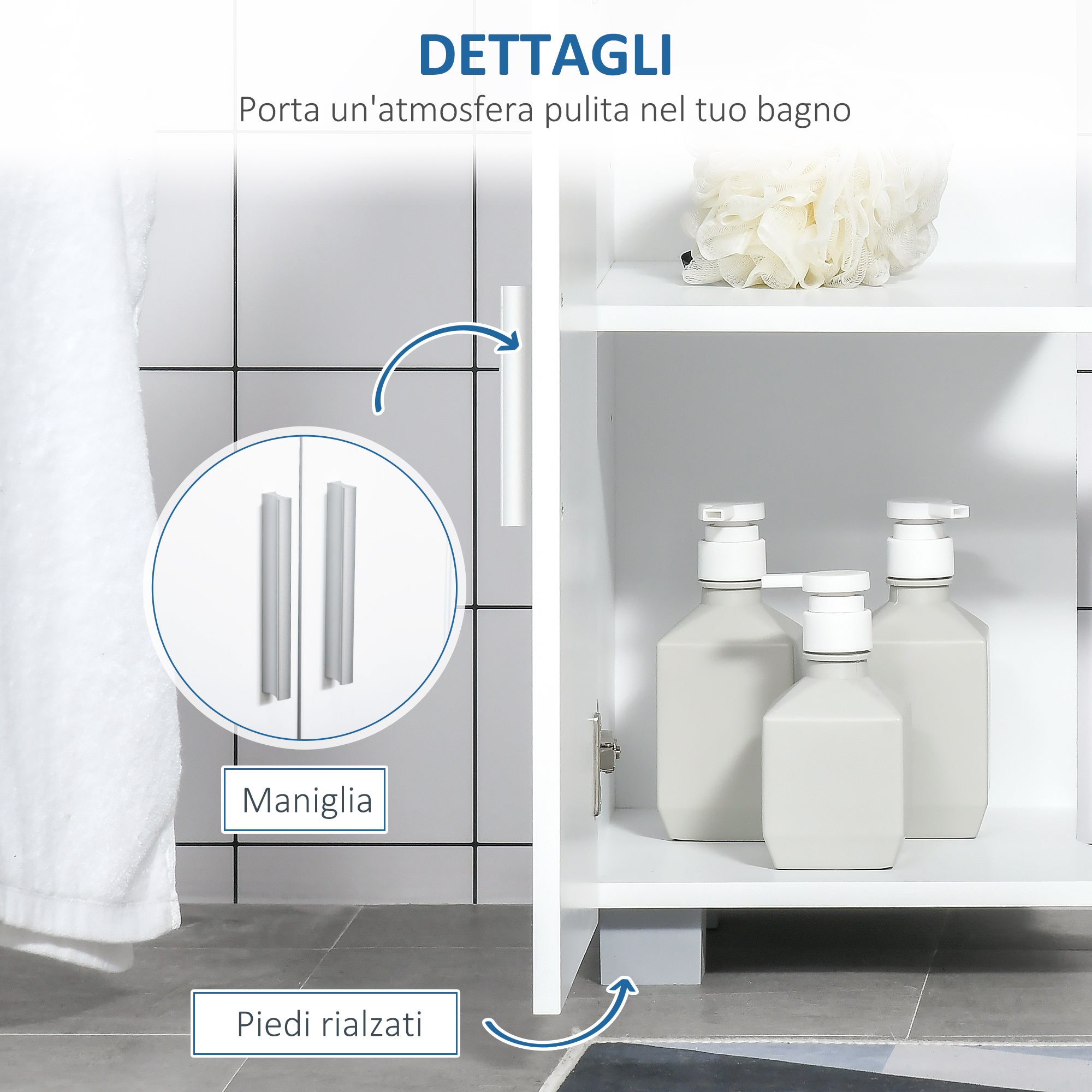 kleankin Mobile Sotto Lavabo Bagno Salvaspazio a U con 2 Ante e Ripiano Interno Regolabile, 60x30x60cm, Bianco - 7
