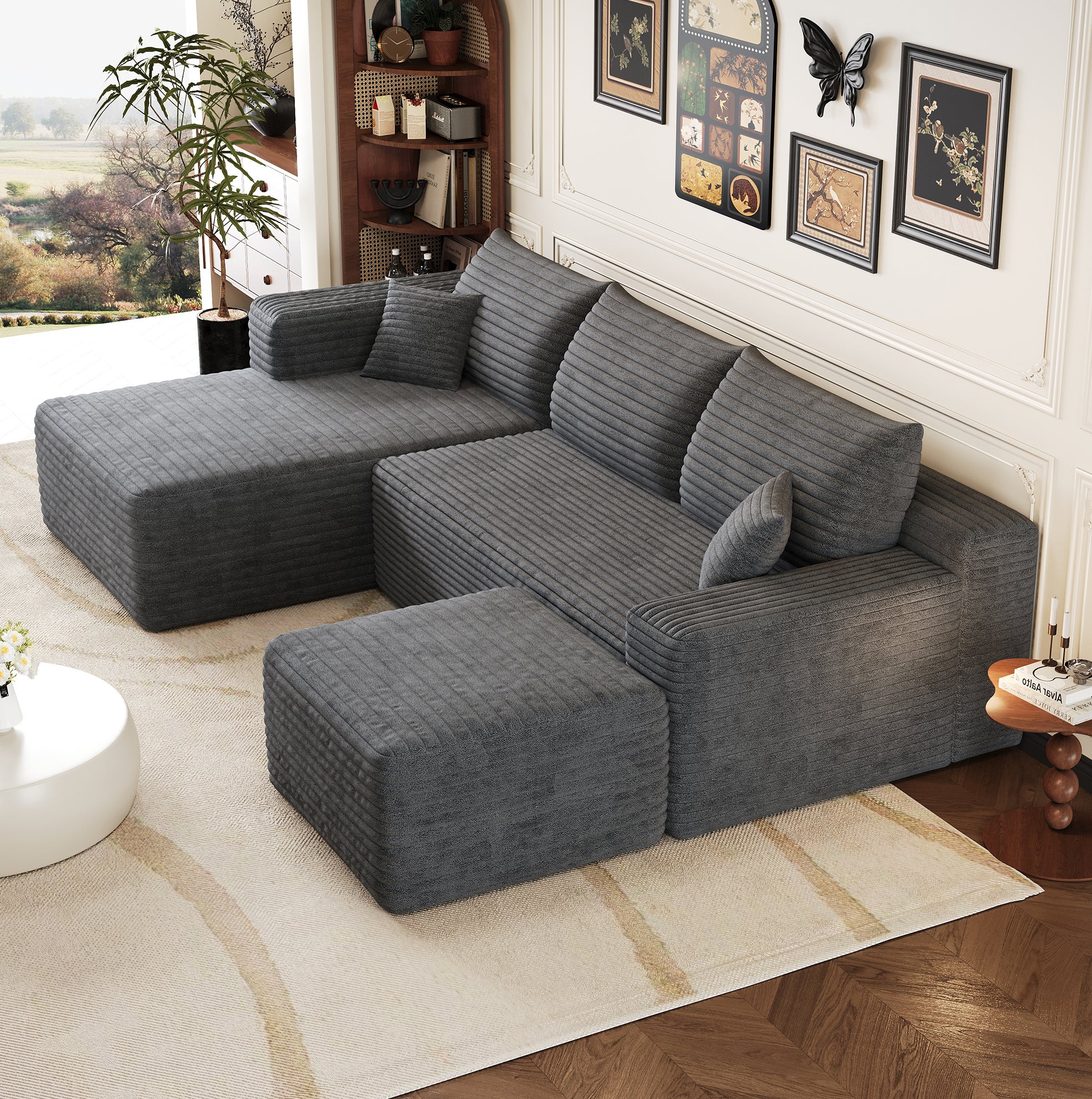 Canapé d'angle 4 places 241 cm, style moderne minimaliste, tissu côtelé gris foncé, assise profonde, sans montage - 3