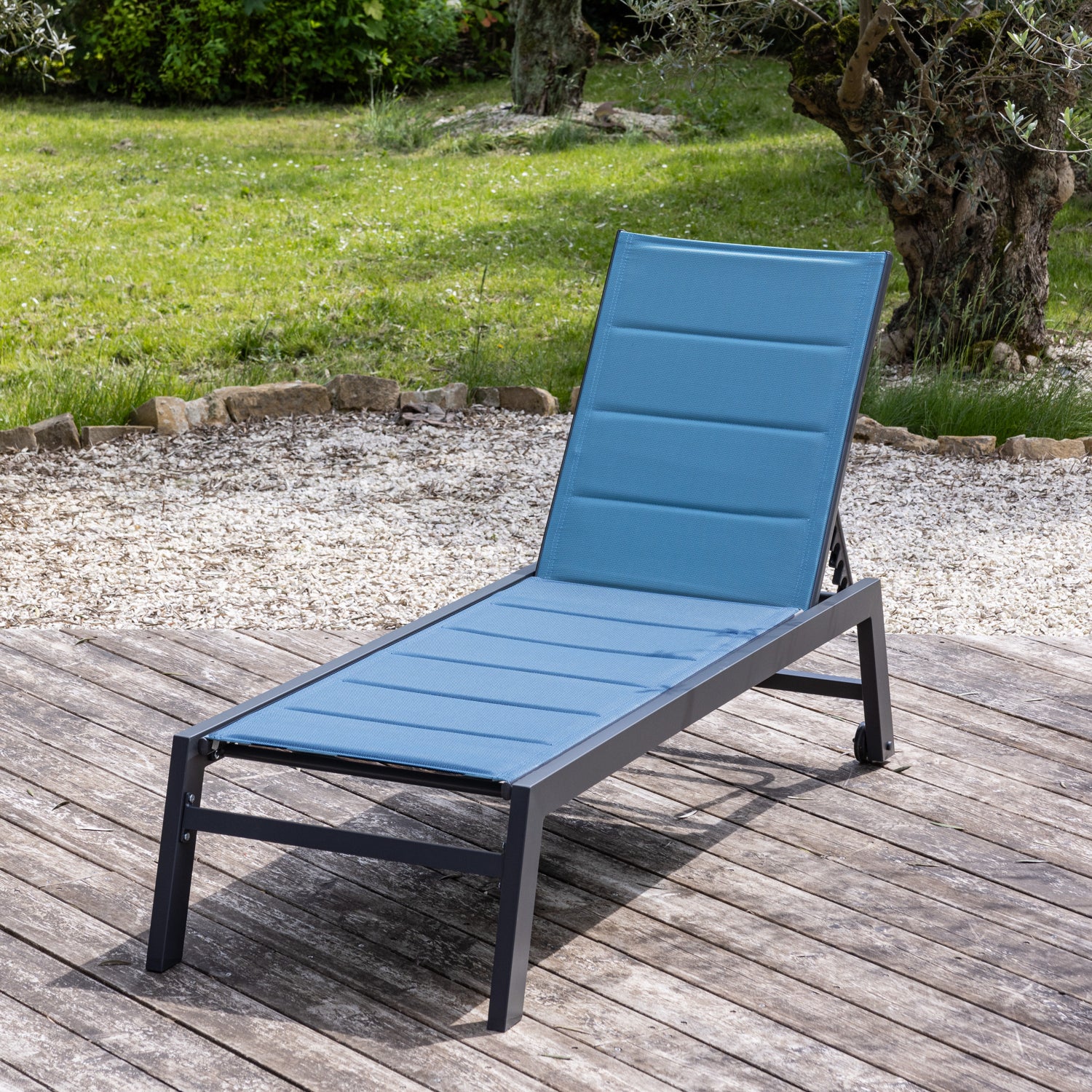 Niebiesko-szary tekstylenowy leżak BARBADOS - antracytowe aluminium