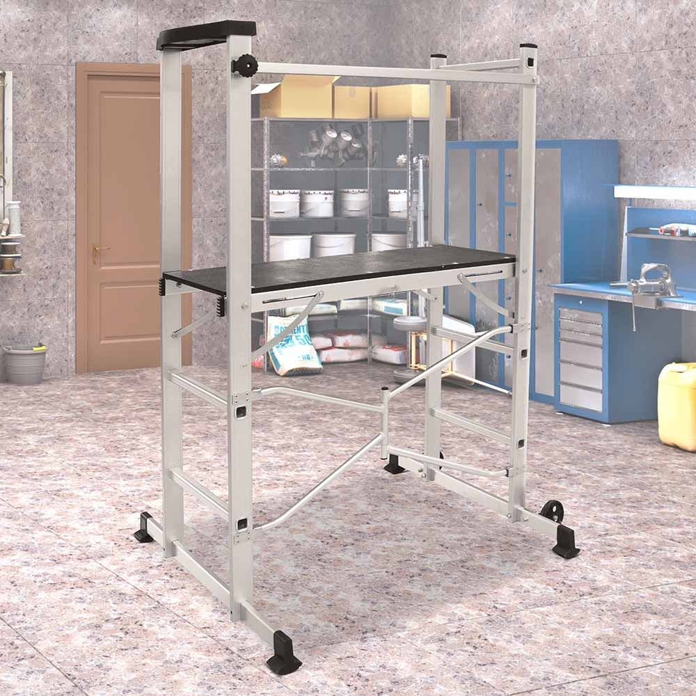 Echafaudage roulant pliable - jusqu'à 3 m de hauteur de travail - Planche en bois - Travaux domestique intérieur et extérieur - 3