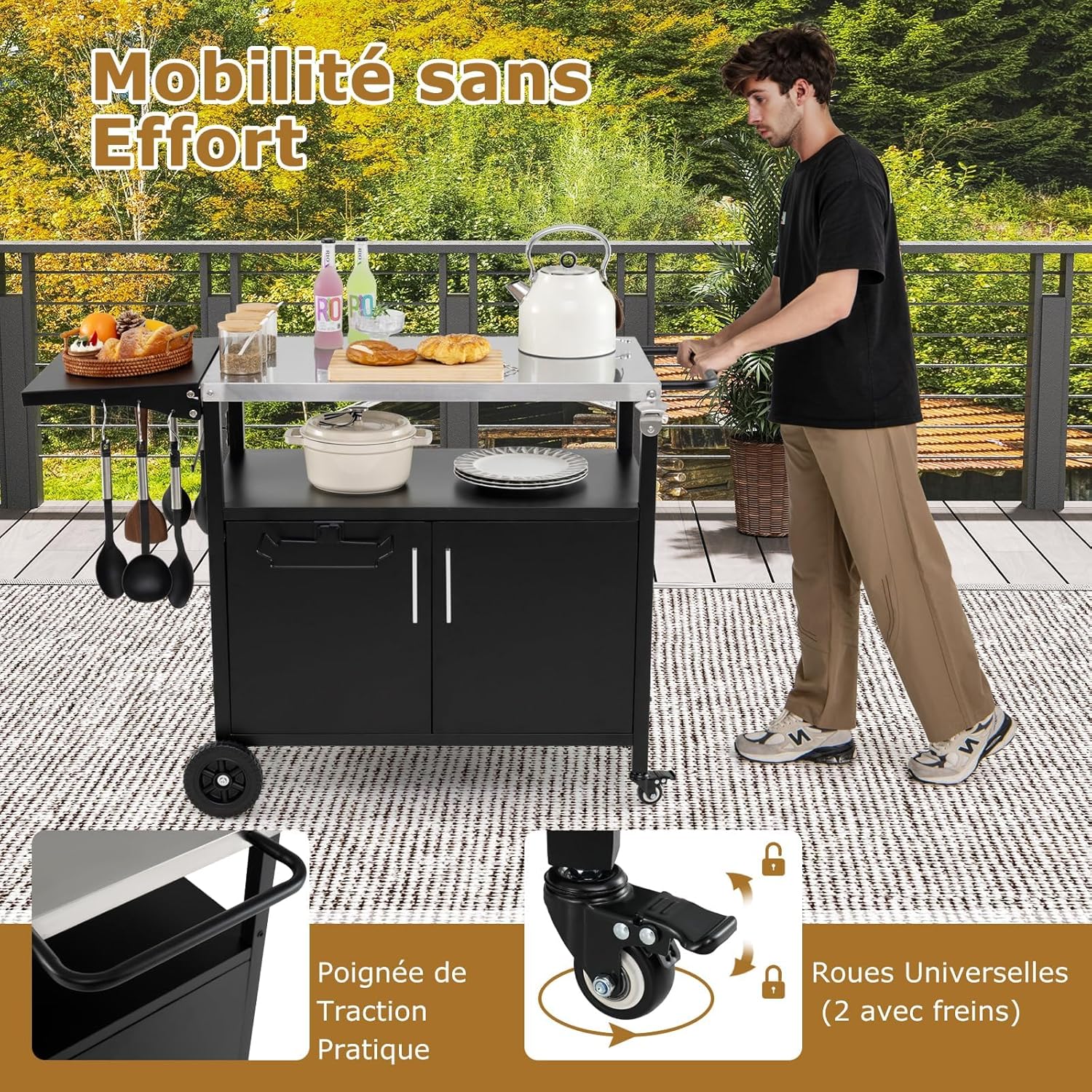Desserte Jardin pour Plancha Barbecue 3 Niveaux, Îlot Cuisine avec Plan de Travail Pliant,Porte-Serviettes, 6 Crochets,Mobile Préparation Exterieur - 5