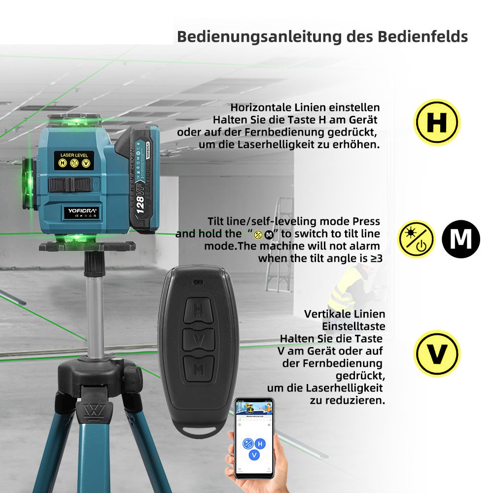 Laser de ligne croisé 16 lignes Niveau laser 3° Autonivelante 4 x 360° Niveau laser avec 2x batterie + trépied, pour construction intérieure - 10
