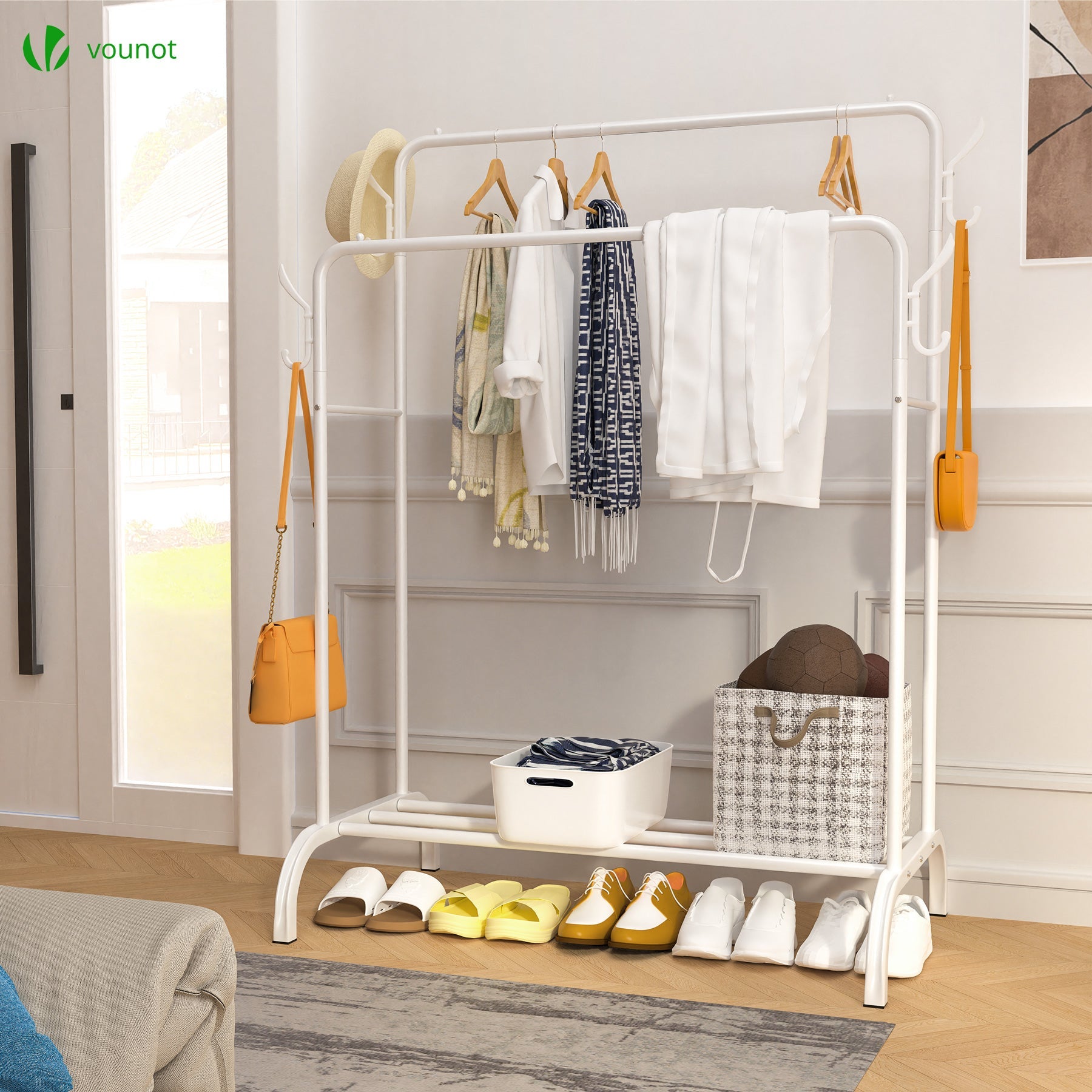 Portant a vetement double avec 2 niveaux etageres chaussures 4 Crochets Lateraux 110x35x146cm metal Blanc VOUNOT® - 6