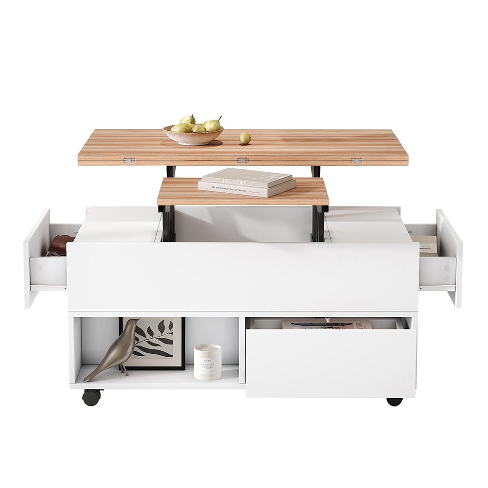 Table basse avec 4 roulettes 4 tiroirs relevable réglable en hauteur avec espace de rangement blanc - 5