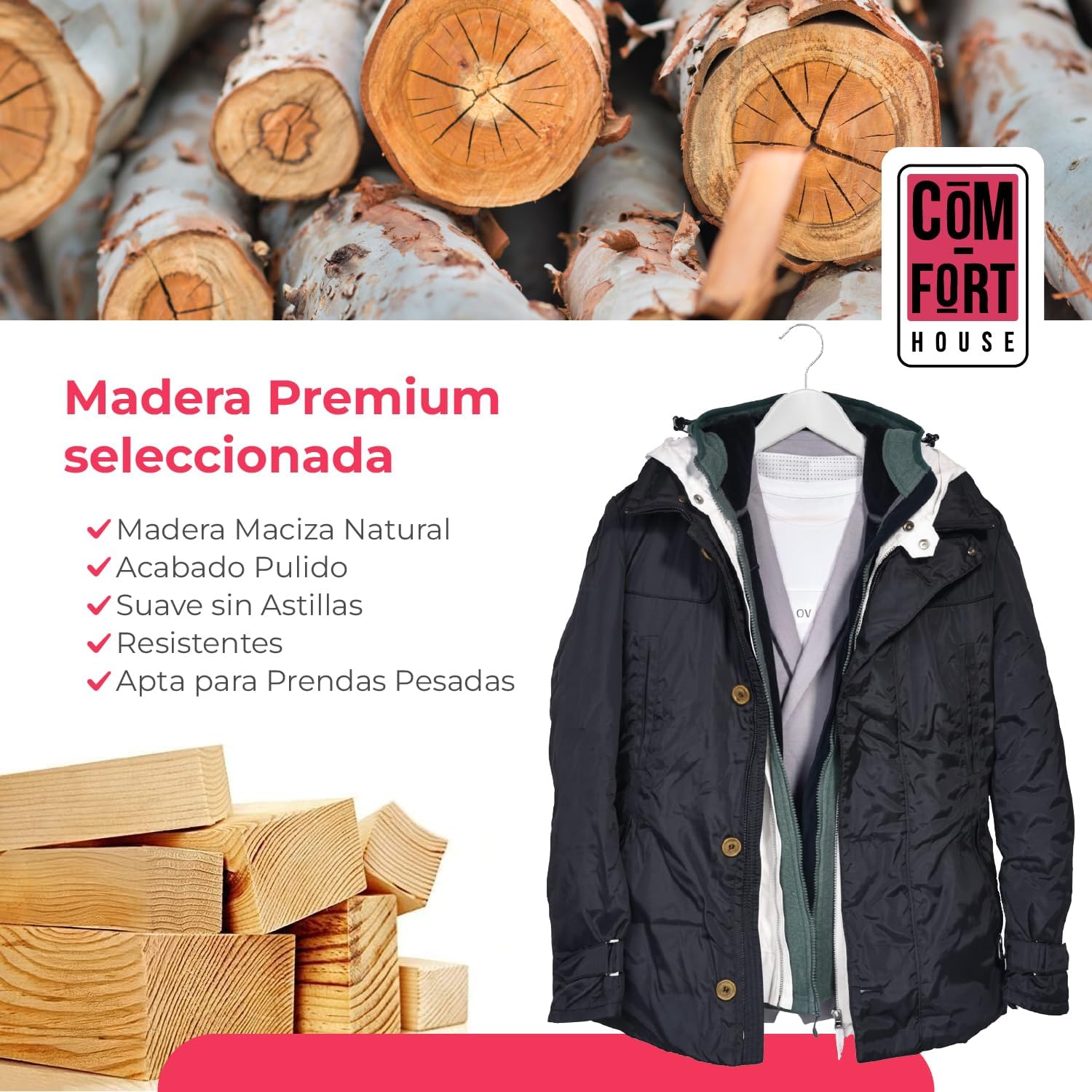 Lot de 40 Cintres en Bois Massif Blanc avec Crochet Pivotant à 360° et Encoches Antidérapante - 5