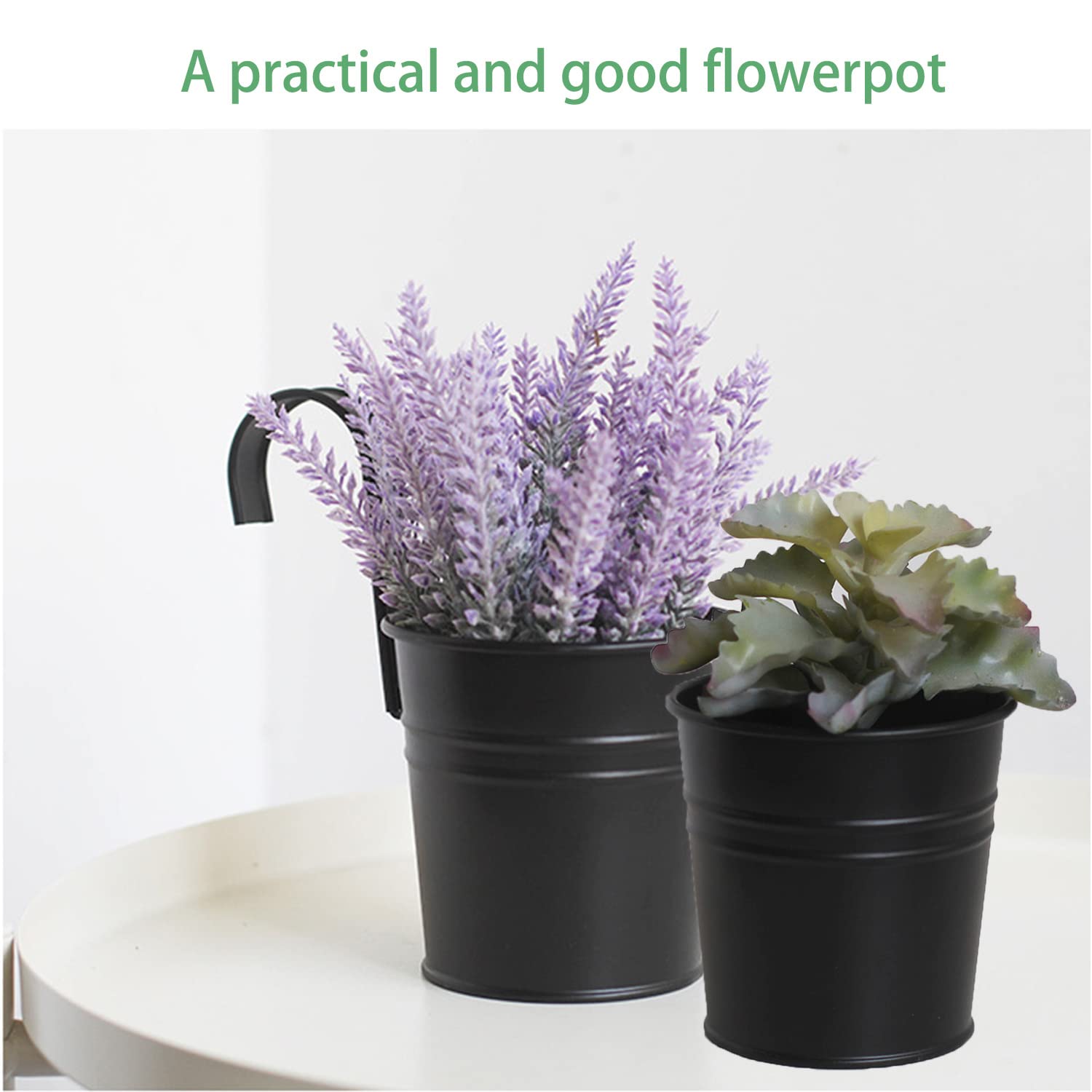 4 Pièces Pots de Fleurs à Suspendre, Fleurs en Métal Vase Suspendu, Crochet Seau à Fleurs, Trou de Drainage au Fond, Crochet Amovible, (Noir,Mini) - 6