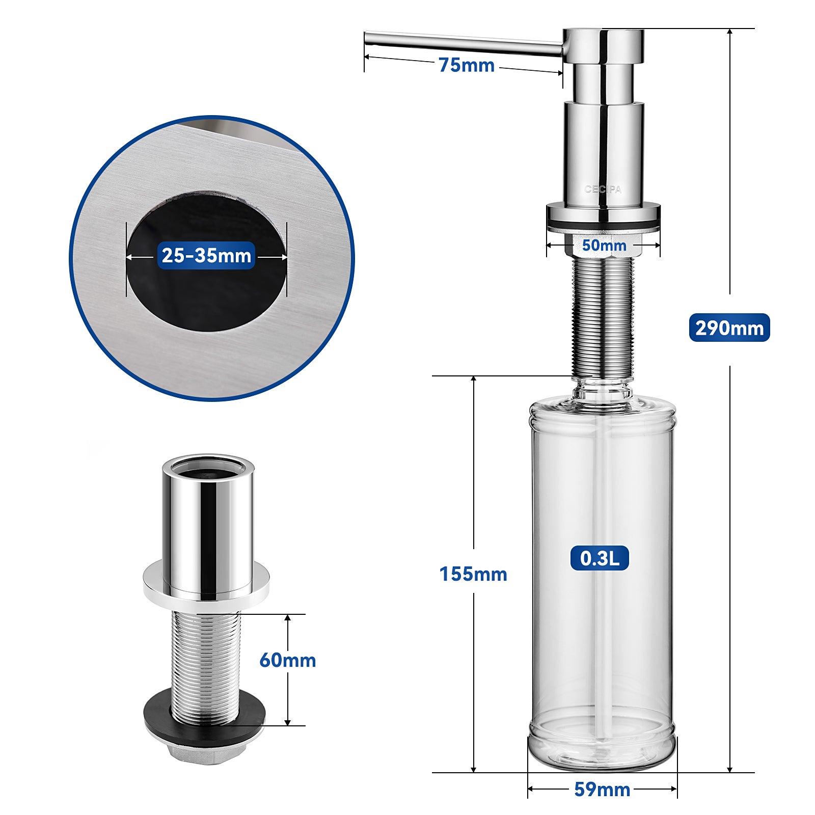 Lot de 2 Distributeur de Savon de Cuisine Chromé Distributeur de Savon pour Evier avec Récipient de 300ML + Tuyau d'extension en Silicone de 1,25M - 7