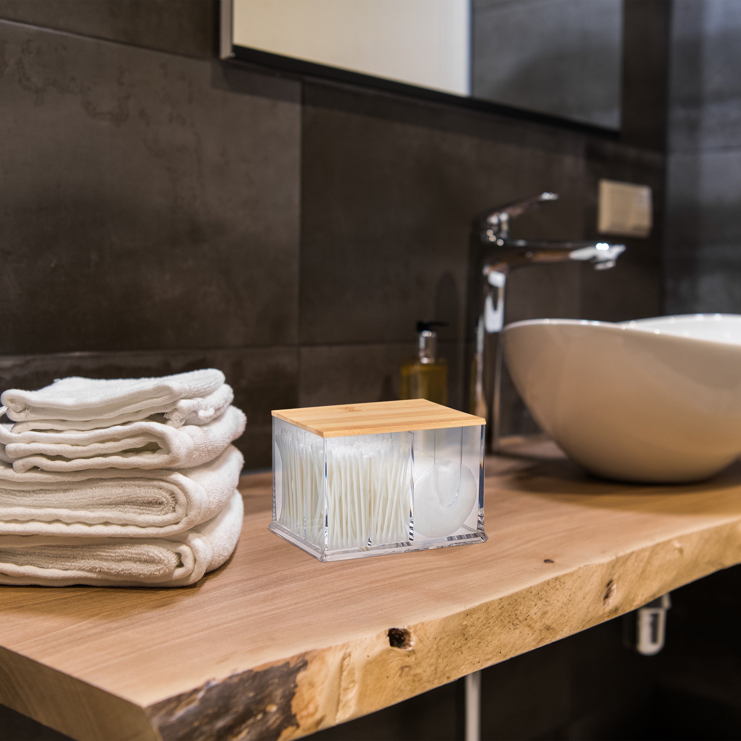 Distributeur coton-tiges, acrylique, bambou, grande boîte, rangement, salle de bain, transparent/nature, Relaxdays - 2