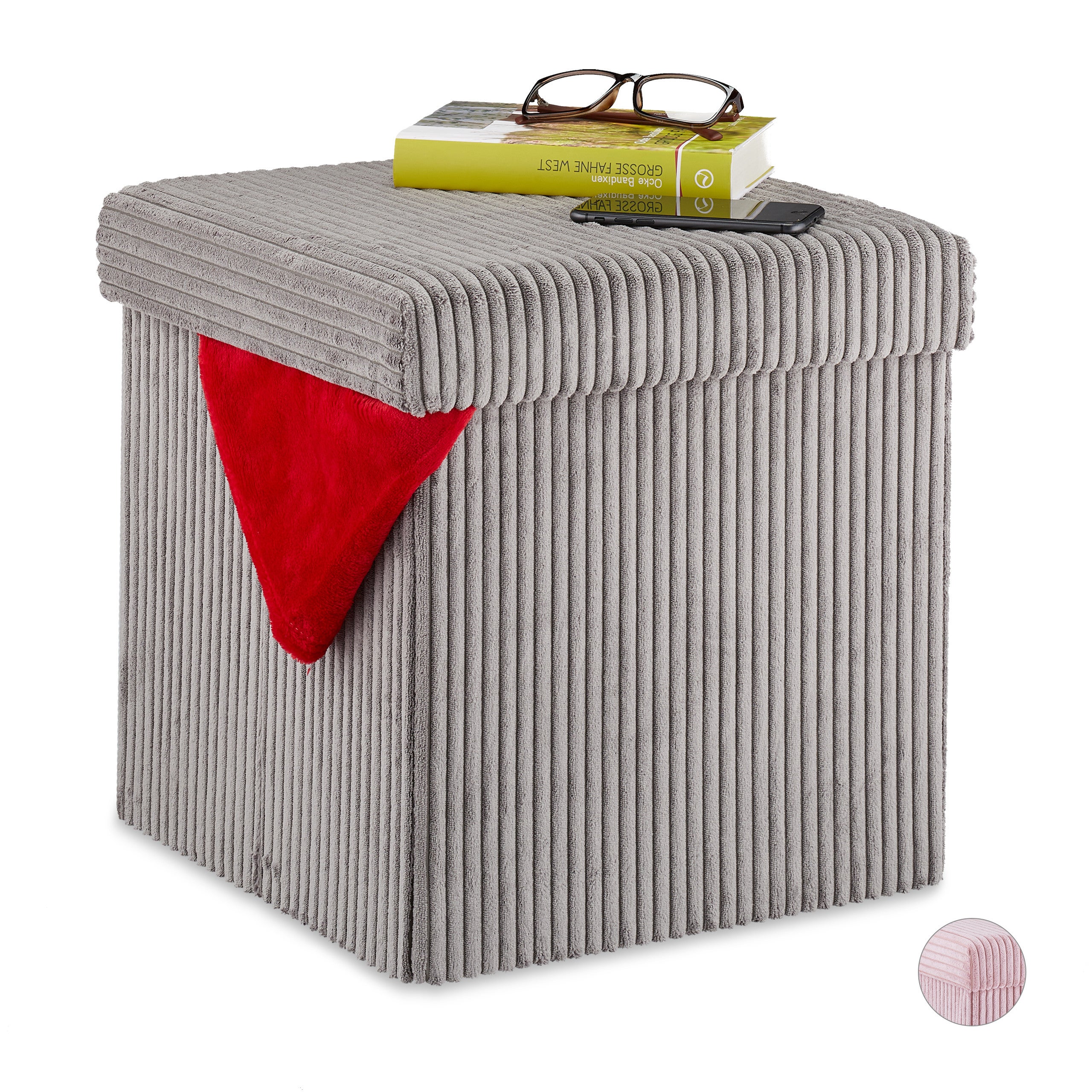 Tabouret De Rangement Pliable Relaxdays - 29.5x29.5x29.5 Cm, Bleu-Gris, Couvercle