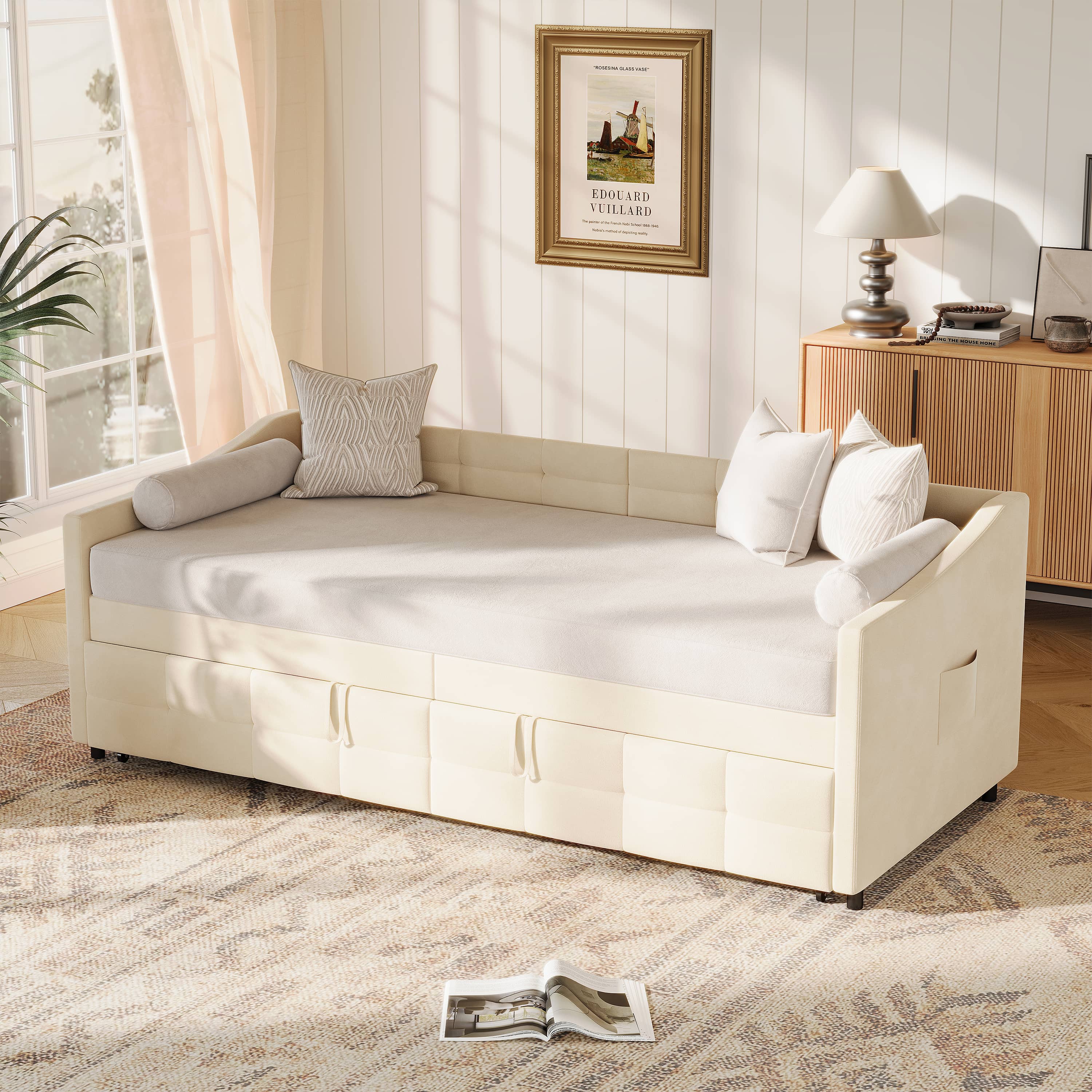 Canapé-lit Extensible 90x200cm,Canapé lit 2 Places,lit Simple avec sommier à Lattes,avec lit gigogne,sans matelas,beige - 3