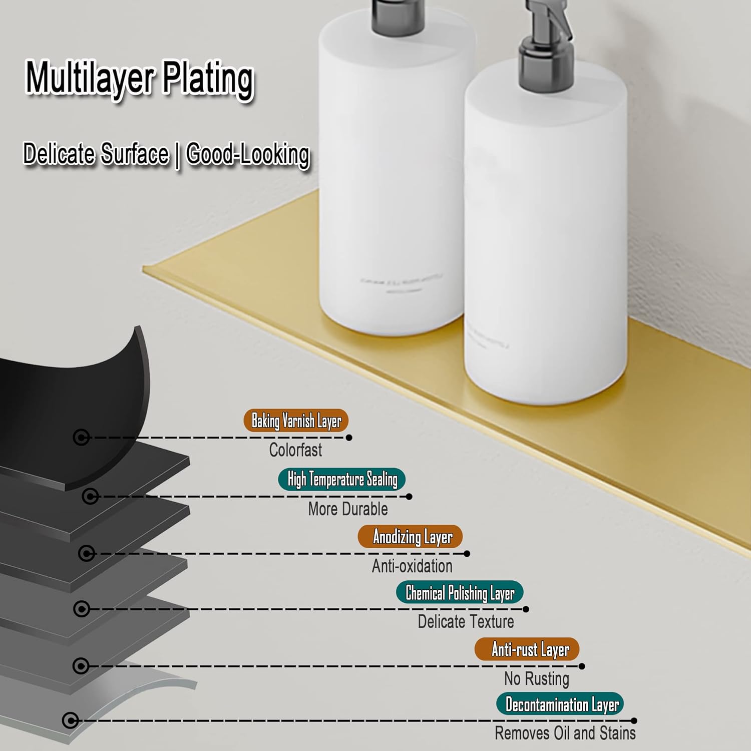 Étagères flottantes en métal, lot de 2, étagère murale en or brossé, support de douche mural, présentoir décoratif 40 cm - 3