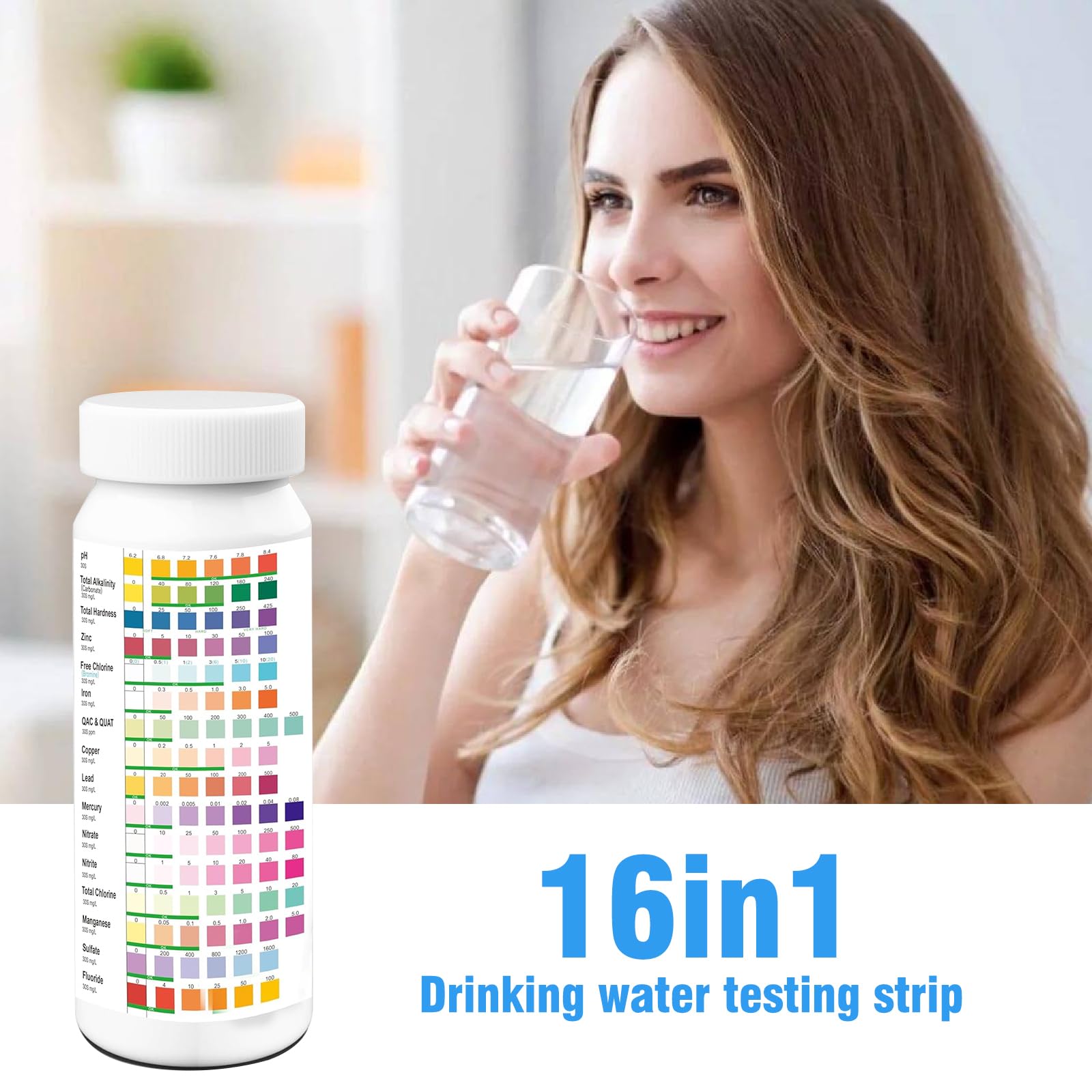 Kit de test d'eau domestique 16 en 1, 100 bandelettes de test de qualité de l'eau avec tube pour robinet domestique et eau de puits - 7
