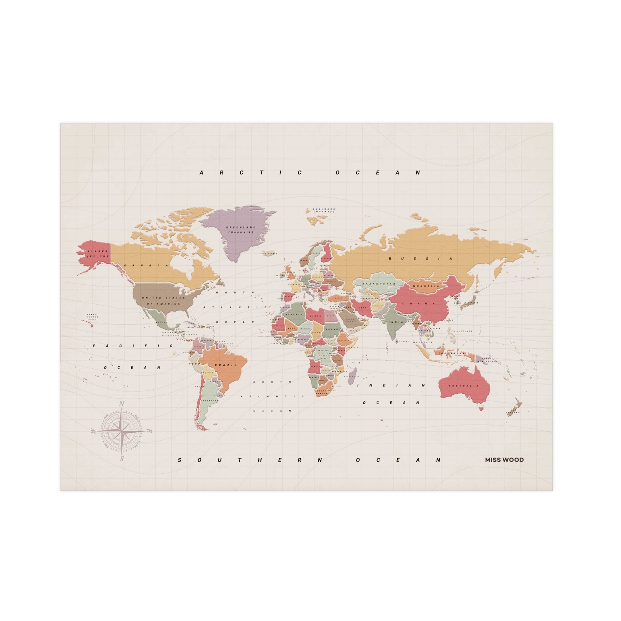Mapamundi corcho - woody map watercolor tropical / 90 x 60 cm / sin marco