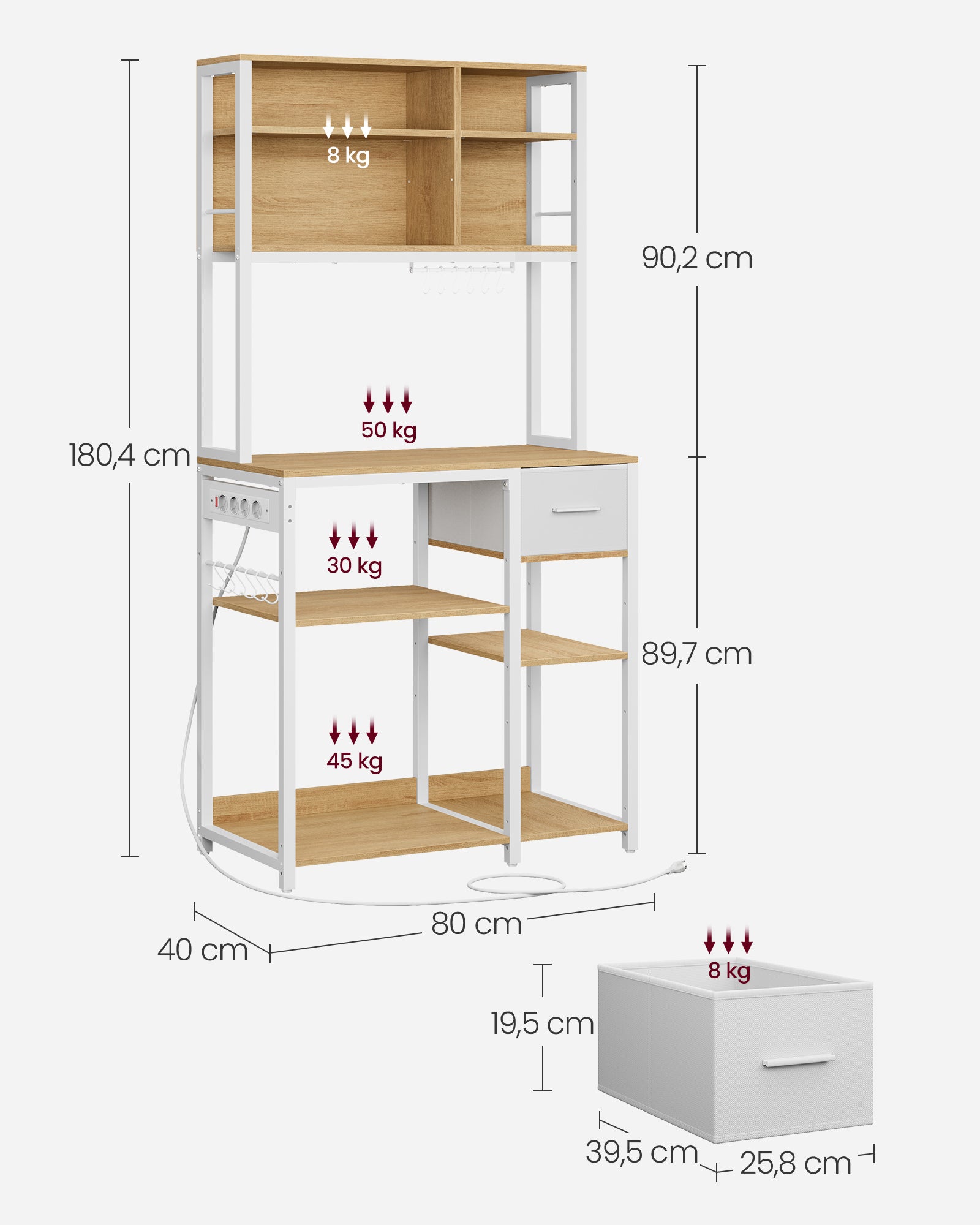 Étagère de Cuisine avec Multiprise, Bar à Café avec Étagères Réglables, 40 x 80 x 180,4 cm,Blanc - 4