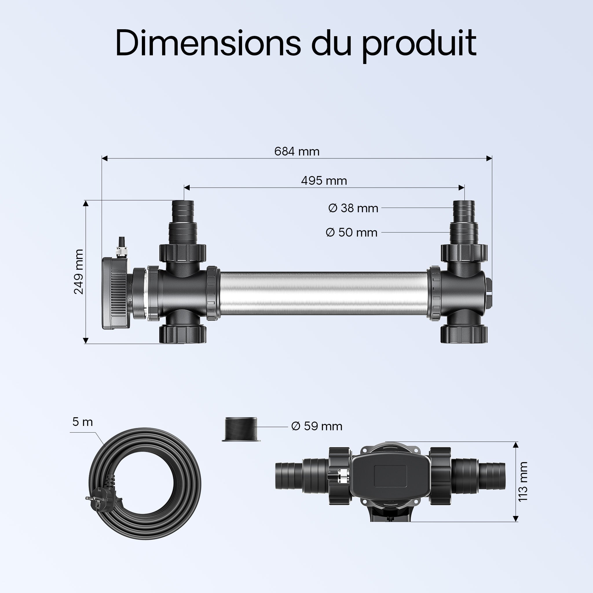 CUV-755 Stérilisateur Clarificateur bassins/étang - débit max. 8000 l/h - avec Lampe rayons UV-C 55 W + Boîtier inox - pour Poissons et… SunSun - 6